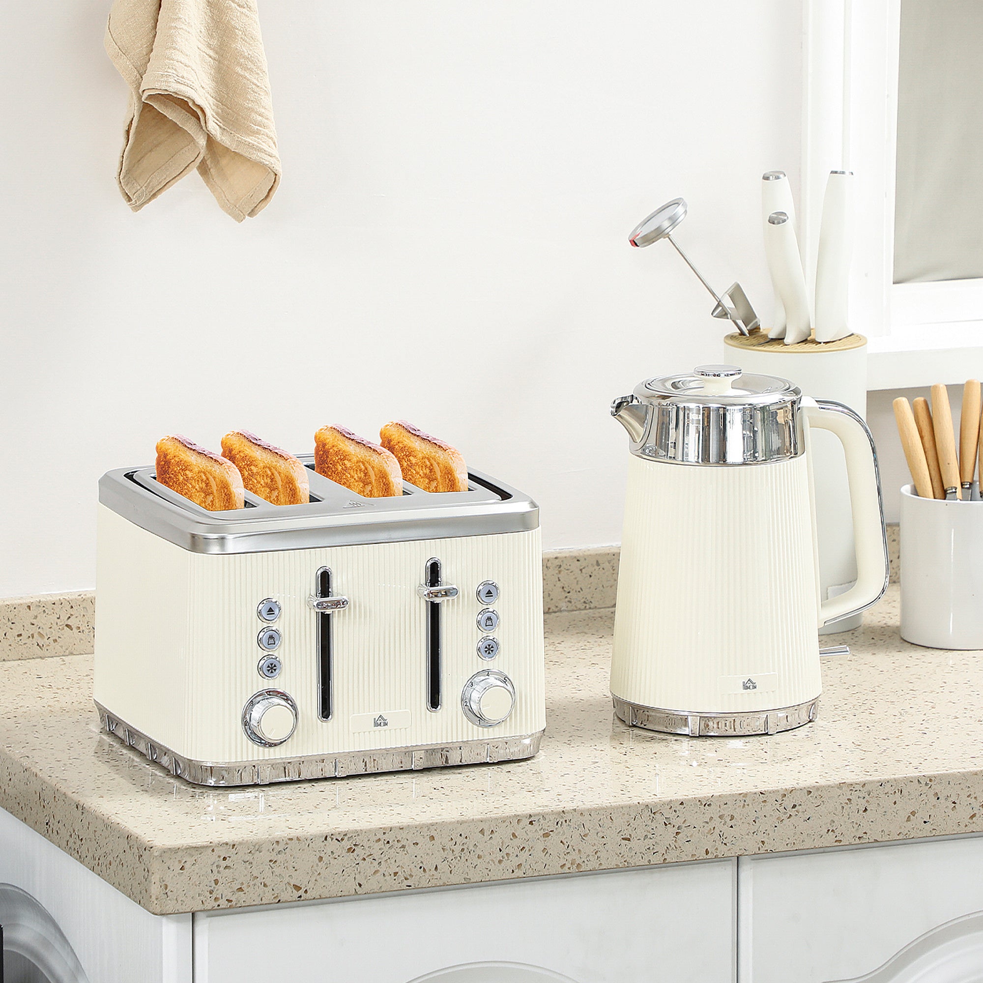 HOMCOM Electric Kettle and Toaster Set, 3000W 1.7L UK Strix Thermostat Rapid Boil Jug Kettle with Limescale Filter, Cool Touch Body, 4 Slice Toaster with 7 Browning Controls, Crumb Tray, Cream