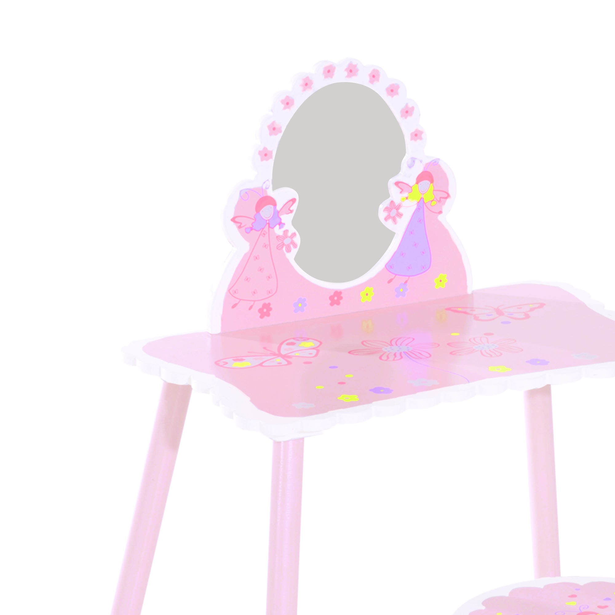 HOMCOM Kids Dressing Table Girls Pink Wooden Kids Dressing Table & Stool Make Up Desk Chair Toys Fairy Dresser Play Set w/Mirror