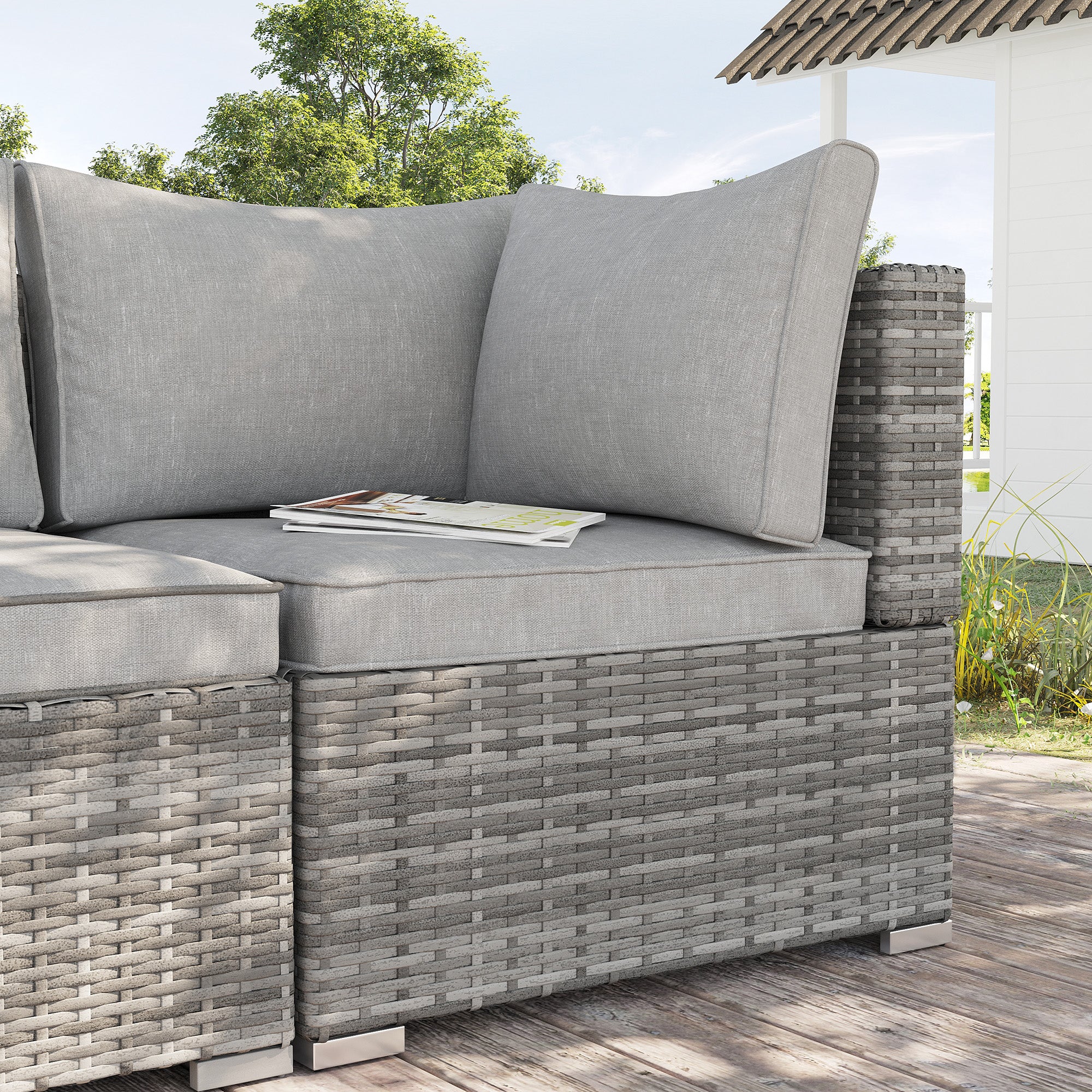 Outsunny Outdoor PE Rattan Corner Sofa, Garden Wicker Furniture Single Sofa Chair w/ Cushions, Light Grey - North Peak Garden Furniture