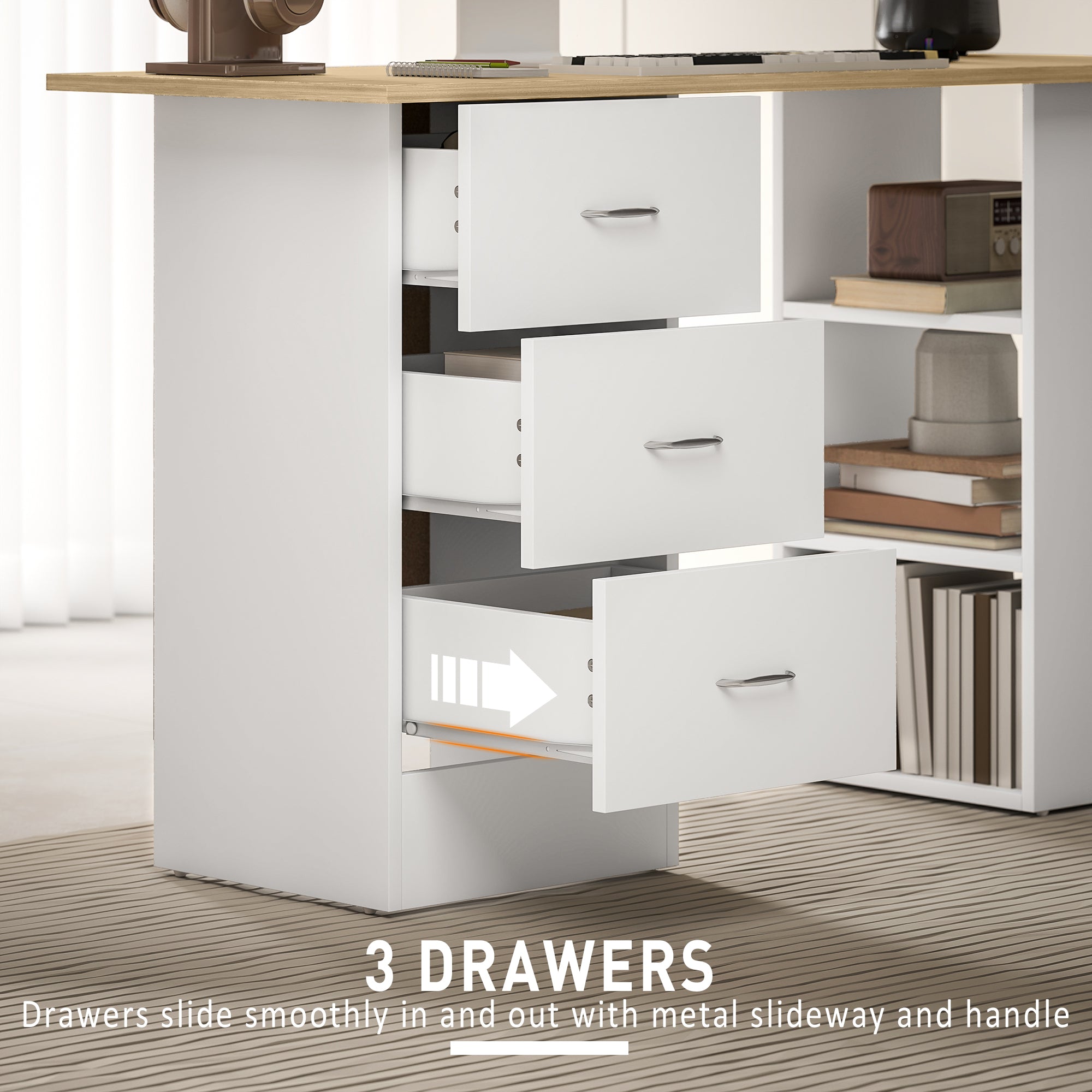 HOMCOM Computer Desk, Writing Table, PC Workstation with 3 Storage Shelves and Drawers, Silver Handle, for Home Office, Natural Wood Finish and White