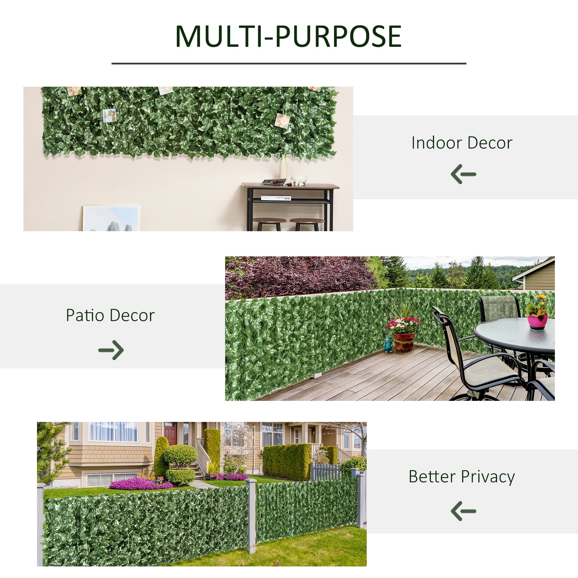 Outsunny 4-Piece Artificial Leaf Hedge Screen Privacy Fence Panel for Garden Outdoor Indoor Decor, Dark Green, 2.4M x 1M - North Peak Garden Furniture