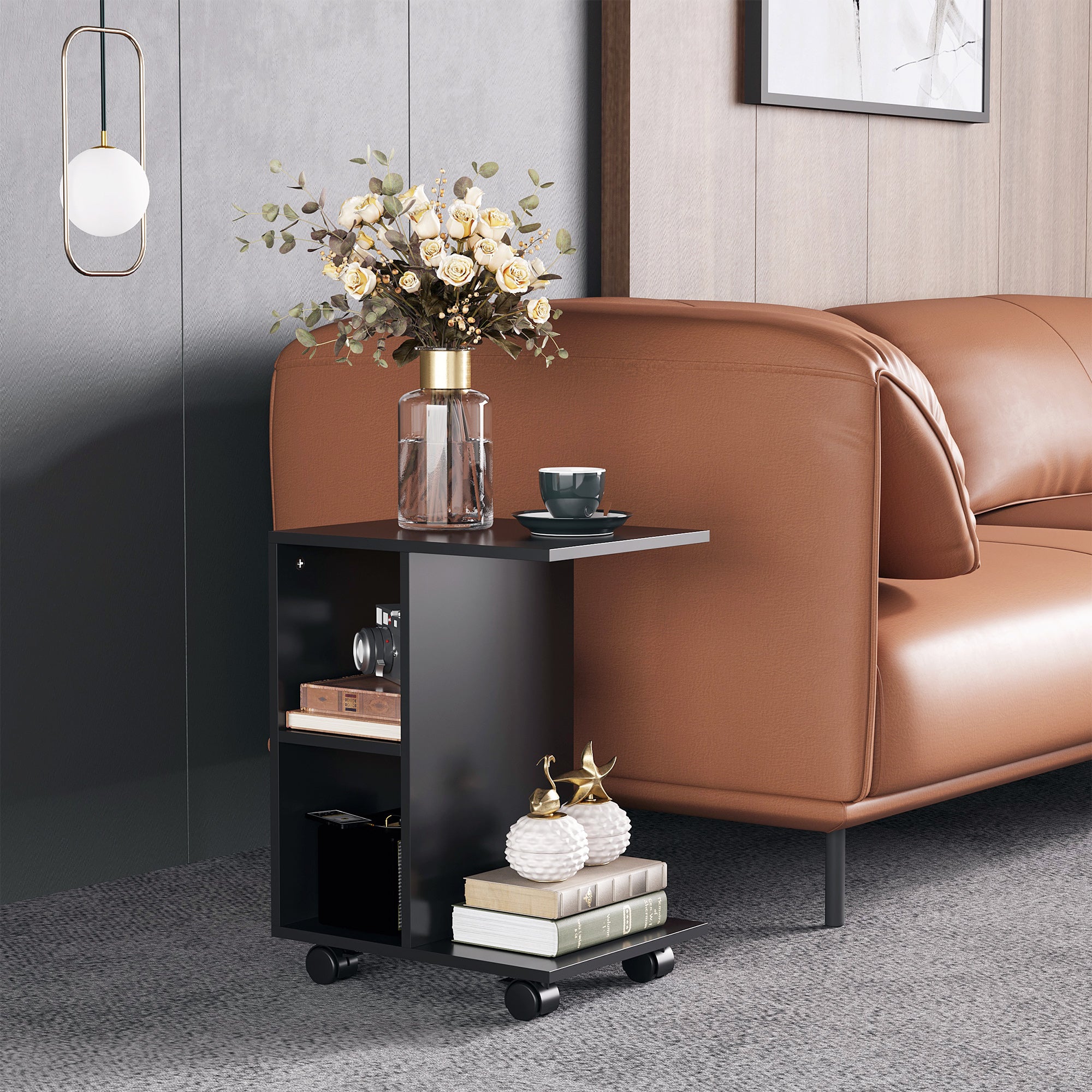 HOMCOM C-Shape End Table Unique Storage Unit w/ 2 Shelves 4 Wheels Freestanding Home Furniture Cabinet Square Black - North Peak Garden Furniture