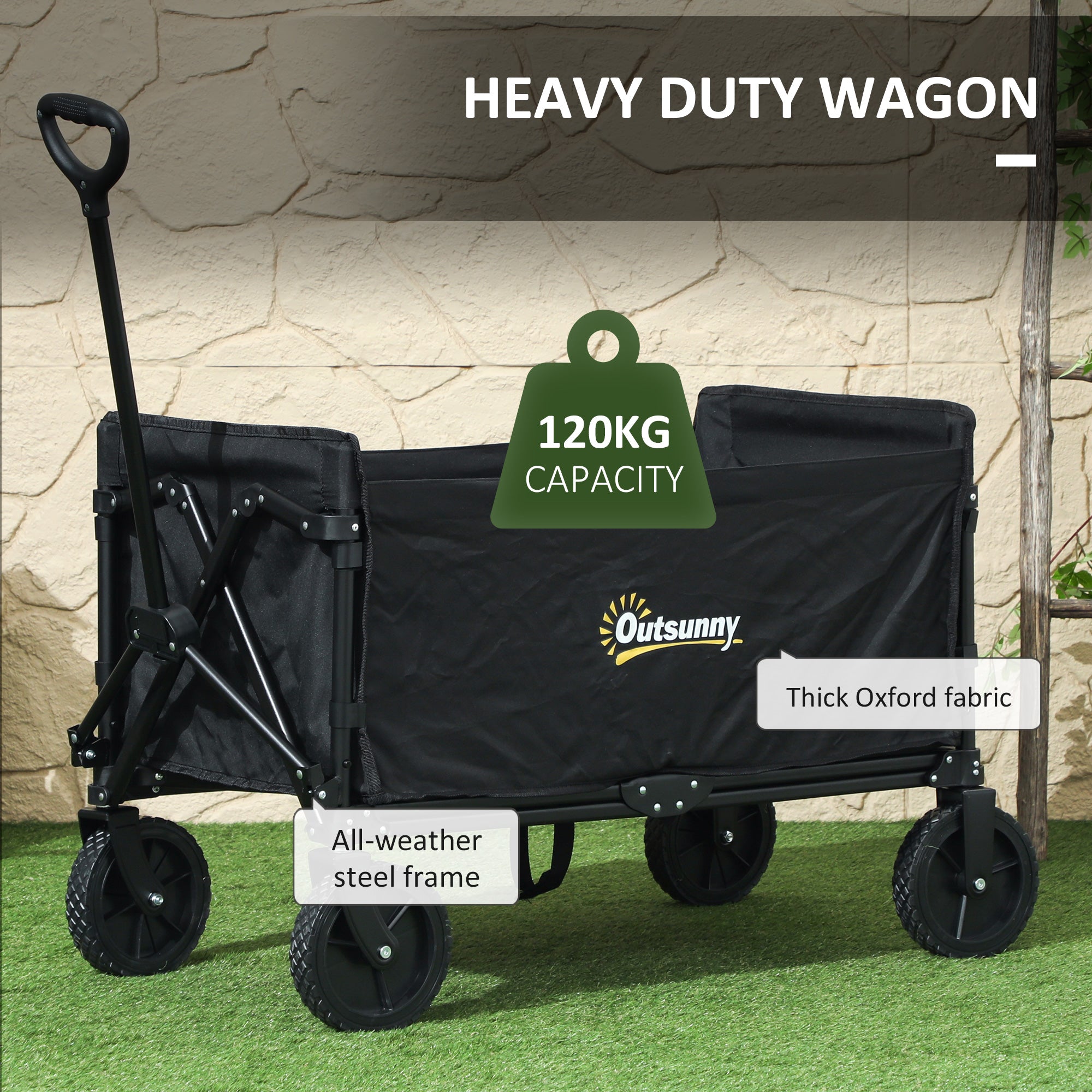 Outsunny 120L Folding Garden Trolley Cart, Outdoor Collapsible Wagon with Wheels and Adjustable Handle for Beach, Camping, Festival, Black - North Peak Garden Furniture