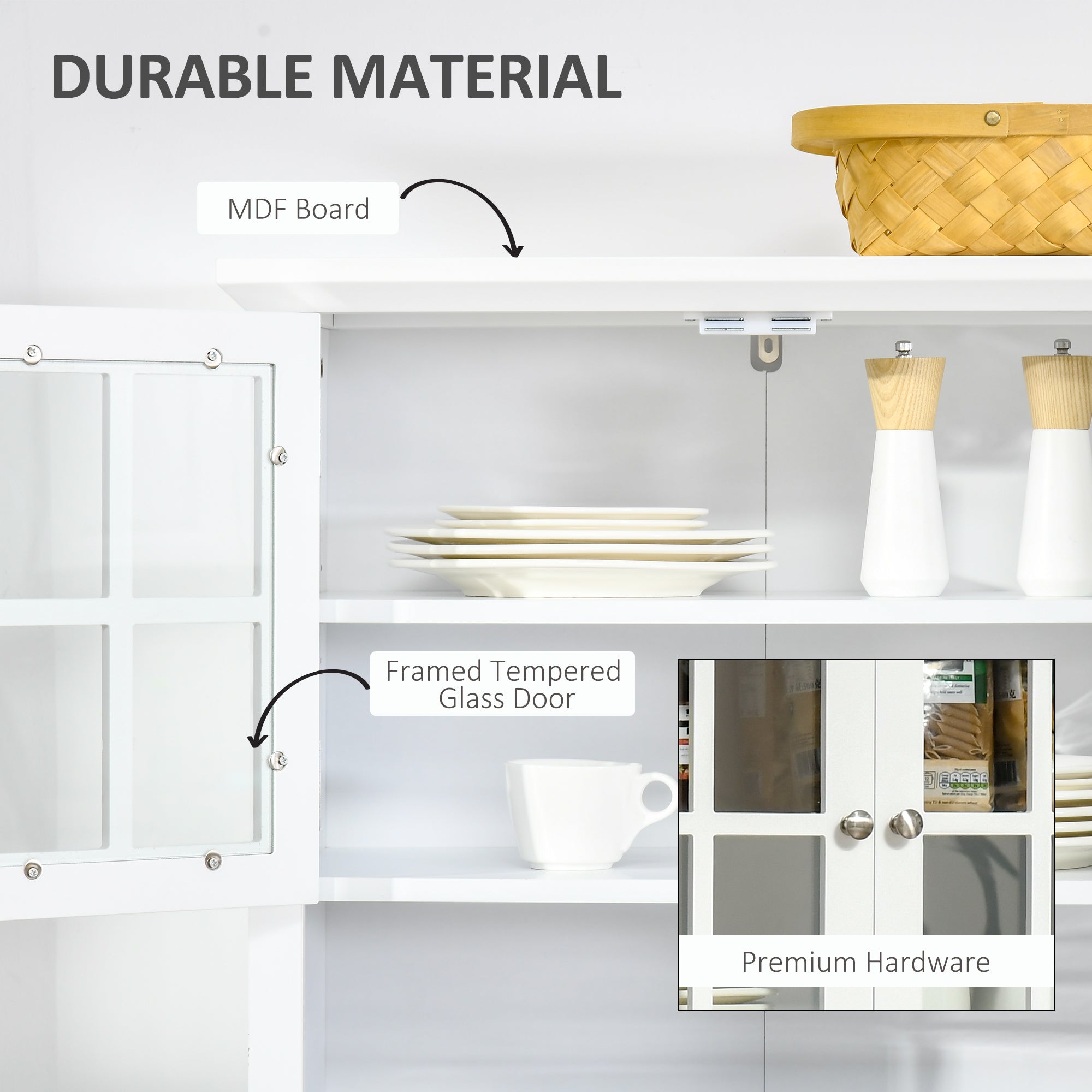 HOMCOM Kitchen Cupboard, Wooden Storage Cabinet with Framed Glass Door, Drawer, Microwave Space for Dining and Living Room, White - North Peak Garden Furniture