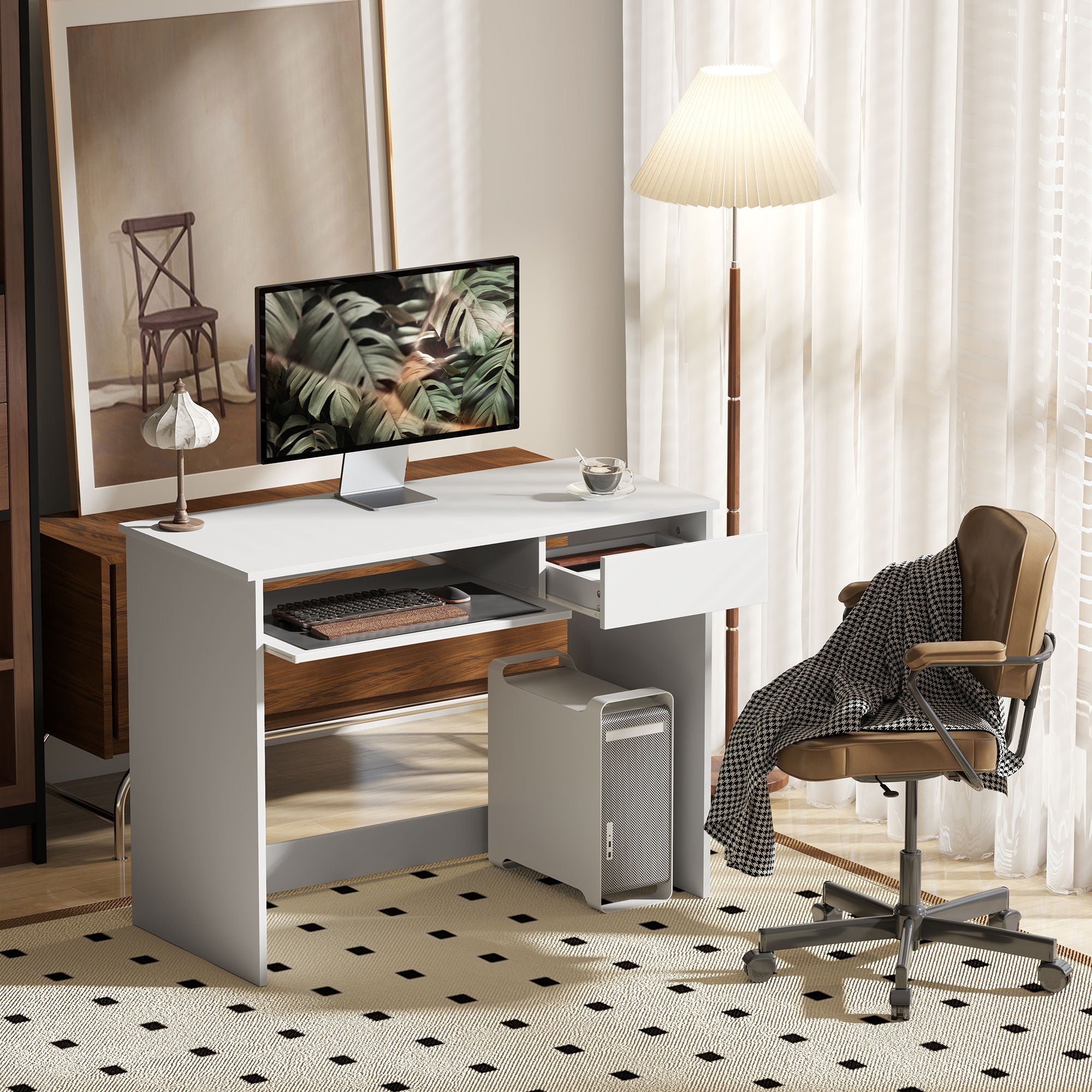 HOMCOM 100cm Compact Computer Desk with Keyboard Tray, Home Office Desk with Drawer for Bedroom Study, White - North Peak Garden Furniture