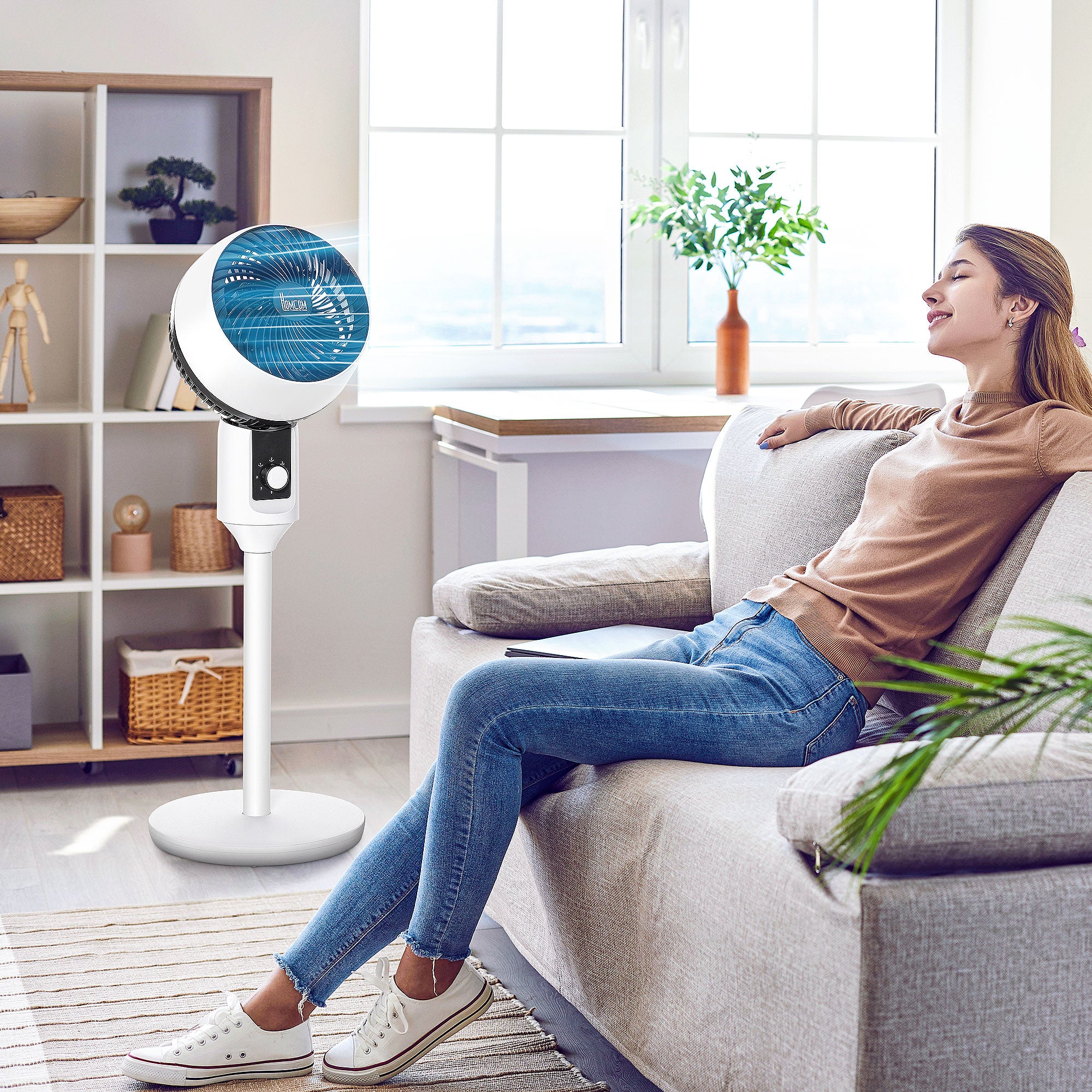 HOMCOM 9'' Air Circulator Fan 3 Speed, 70° Oscillation 90° Vertical Tilt, Carry Handle, Pedestal Fan, Air Circulator for Living Room, Bedroom, Office, White - North Peak Garden Furniture