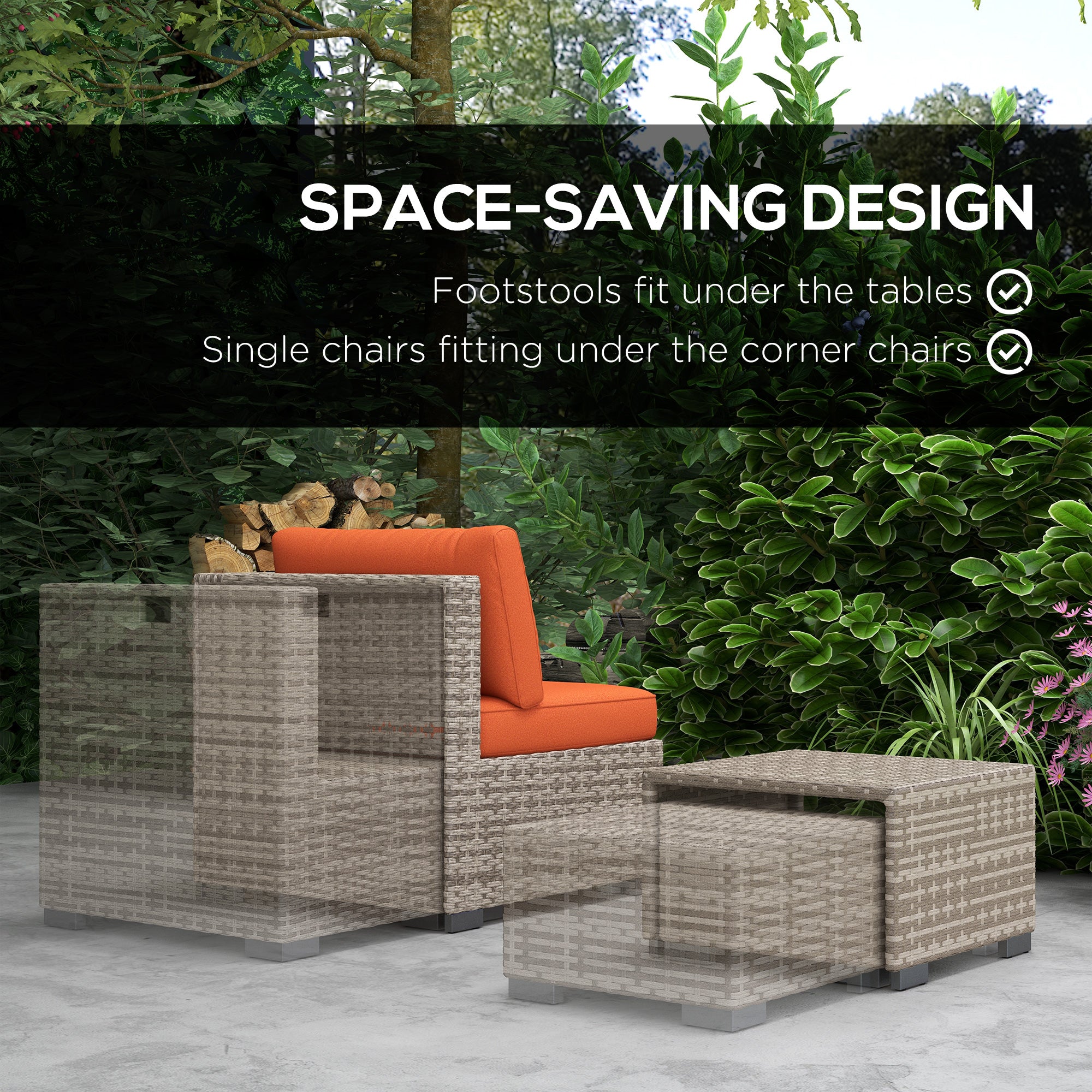 Outsunny Eight-Piece Rattan Garden Set, with Contrast Cushions - Orange/Grey - North Peak Garden Furniture
