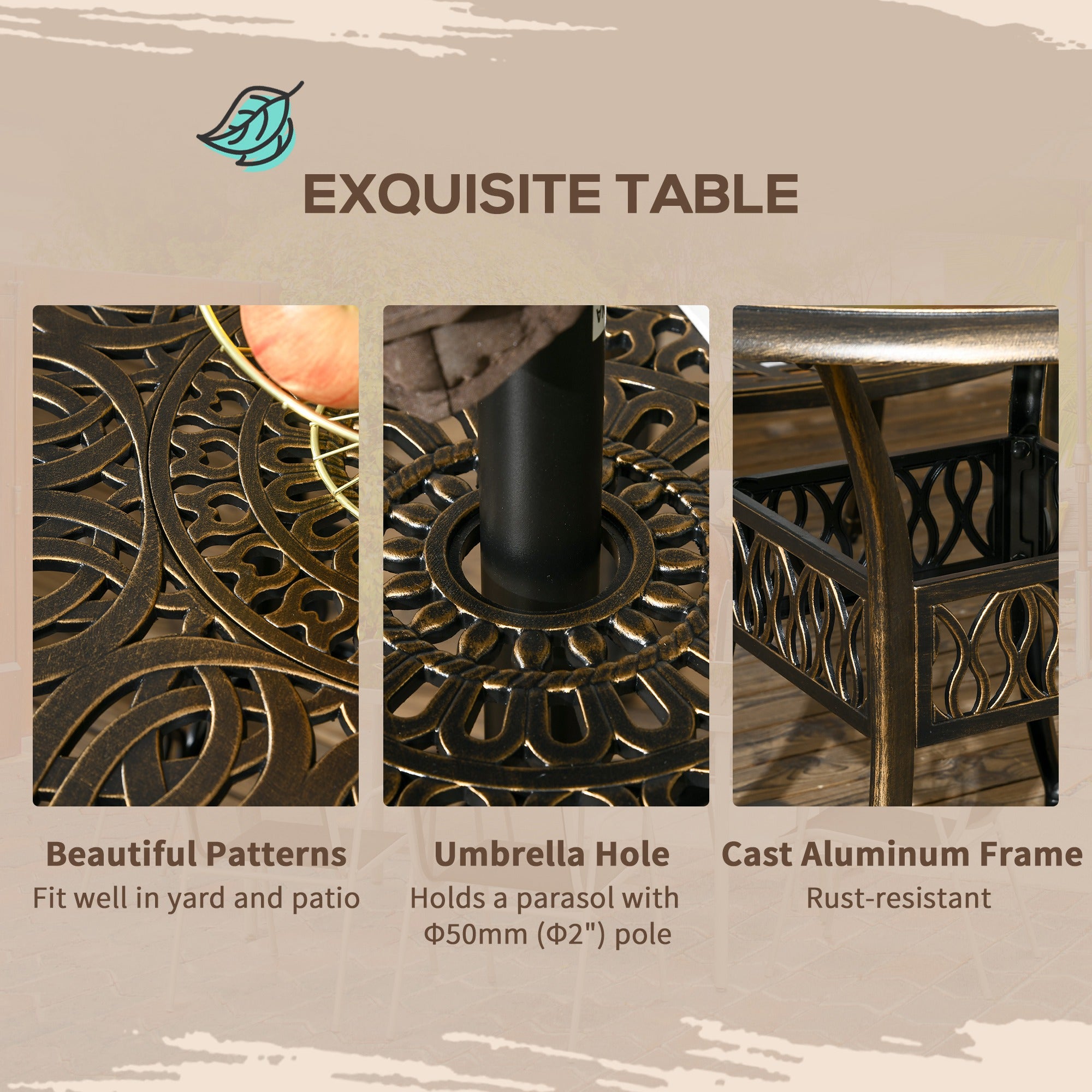 Outsunny 5-Piece Outdoor Furniture Dining Set, Cast Aluminum Conversation Set Includes 4 Chairs and Φ90cm Round Table with Φ50mm Umbrella Hole for Patio Garden Deck, Flower Design - North Peak Garden Furniture