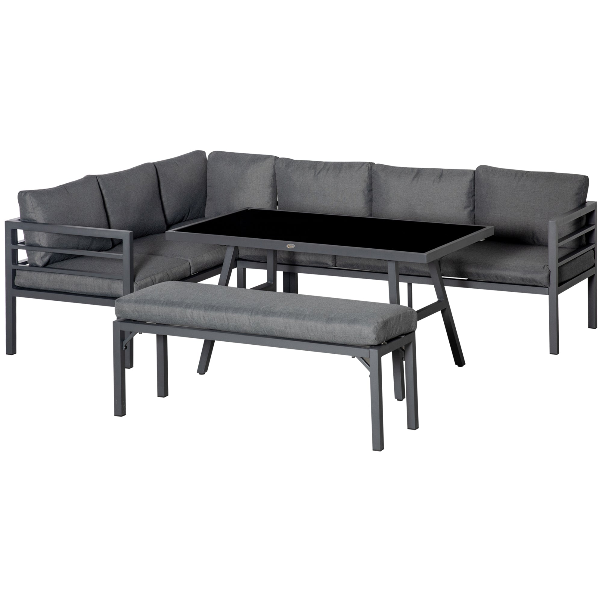 Outsunny 4 Piece L-shaped Garden Furniture Set 8-Seater Aluminium Outdoor Dining Set Conversation Sofa Set w/ Bench, Dining Table & Cushions, Grey - North Peak Garden Furniture