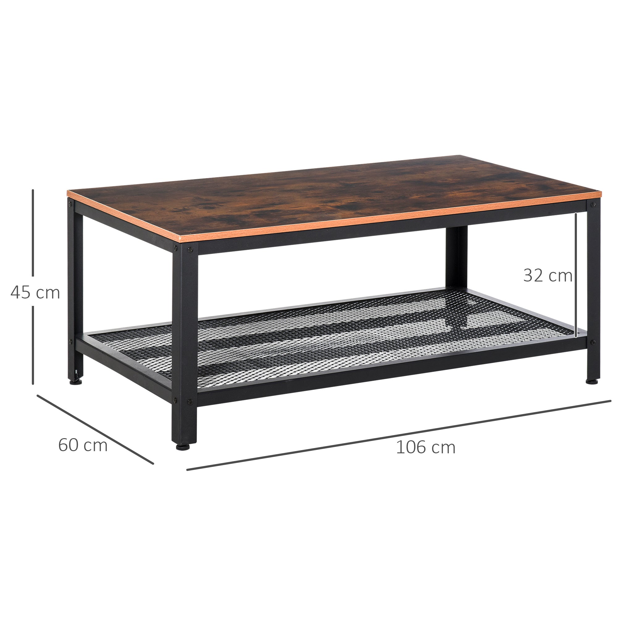 HOMCOM Coffee Table Industrial Side Table Living Room Table with Storage Shelf and Metal Frame for Home Office, 106L x 60W x 45Hcm - North Peak Garden Furniture
