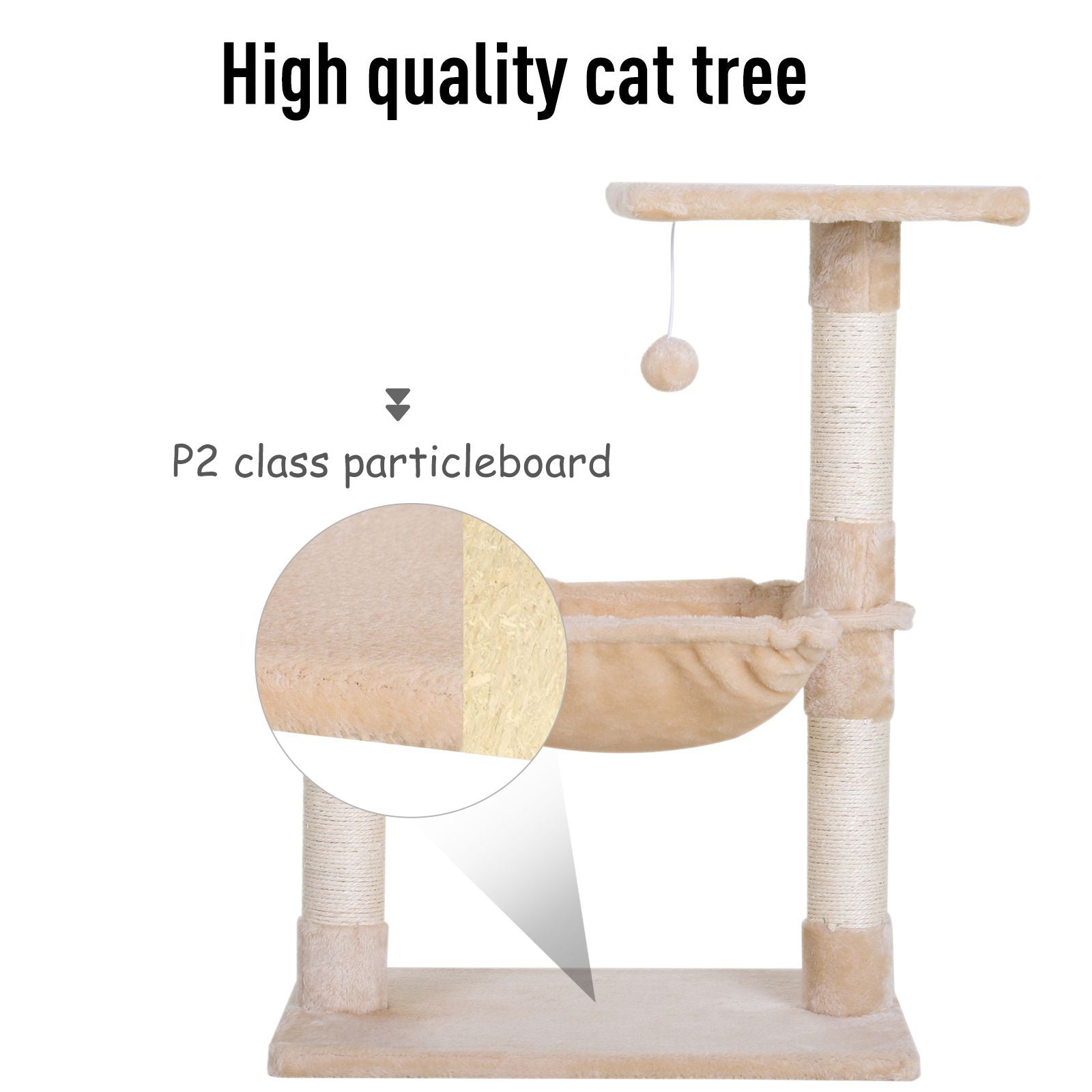 PawHut 70cm 2-Tier Cat Tree with Hammock Bed, Natural Sisal Scratching Post & Dangle Toy, Pet Scratch Stand