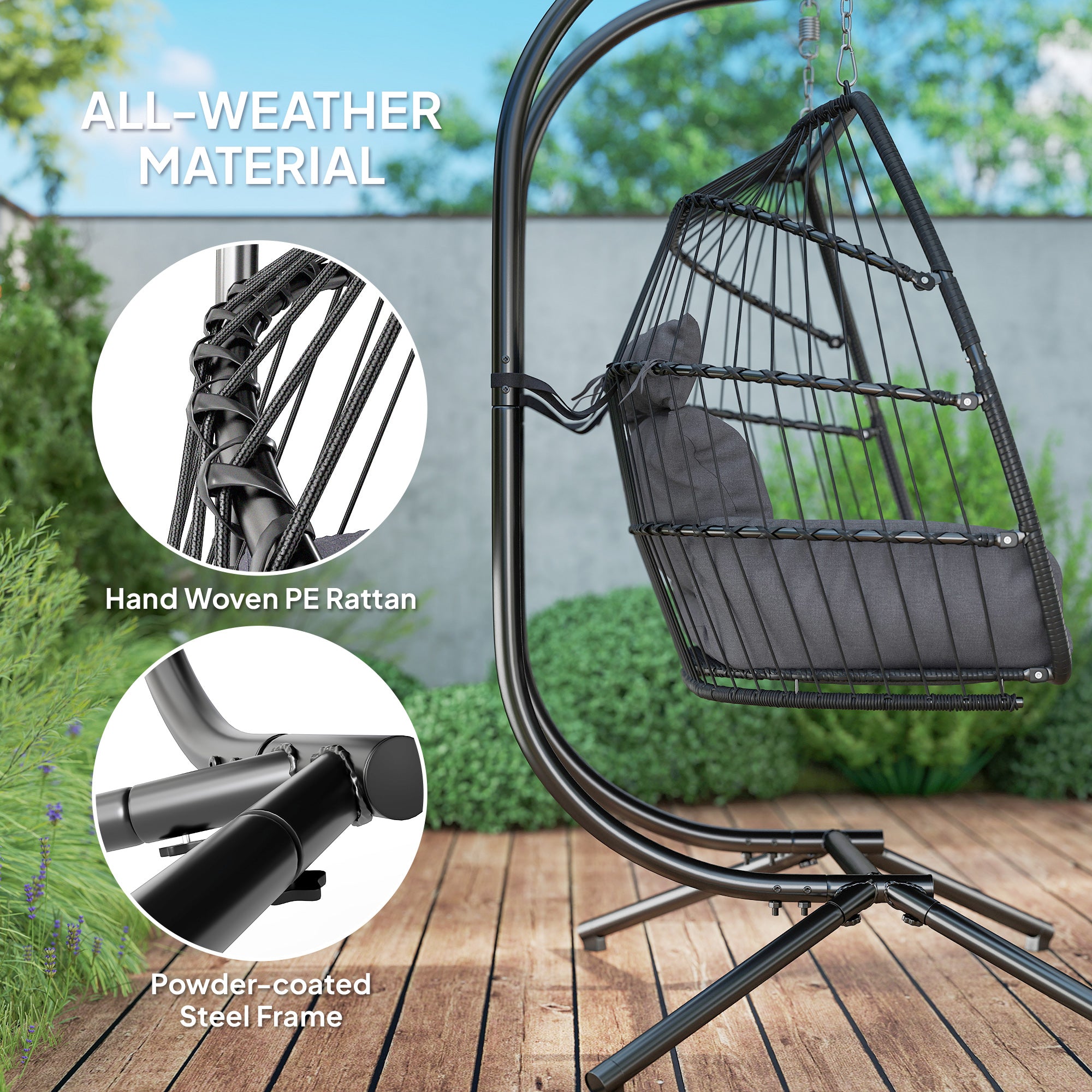 Outsunny Rattan Double Hanging Egg Chair with Stand, Foldable Wicker Swing Egg Chair with Cushion, Head Pillows, Steel Frame, Hammock Chair for Indoor Outdoor, Capacity 260 kg, Dark Grey - North Peak Garden Furniture