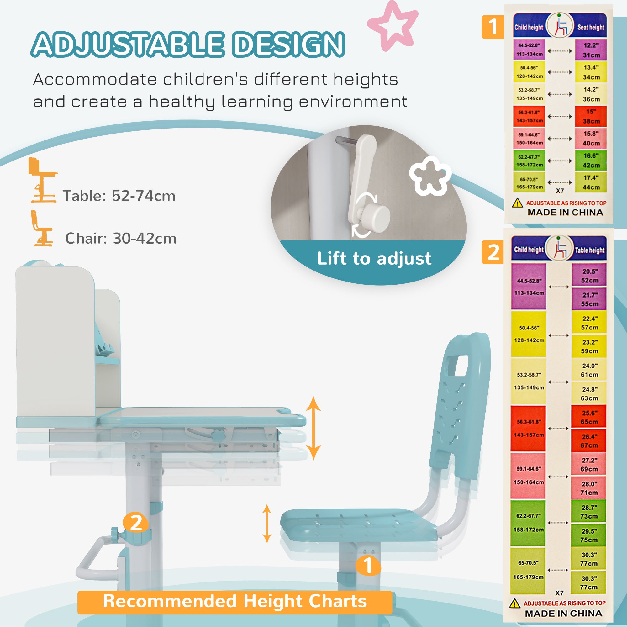 ZONEKIZ Height Adjustable Kids Study Table and Chair Set, with Drawer, Storage Shelf, 80 x 54.5 x 104 cm, Blue - North Peak Garden Furniture