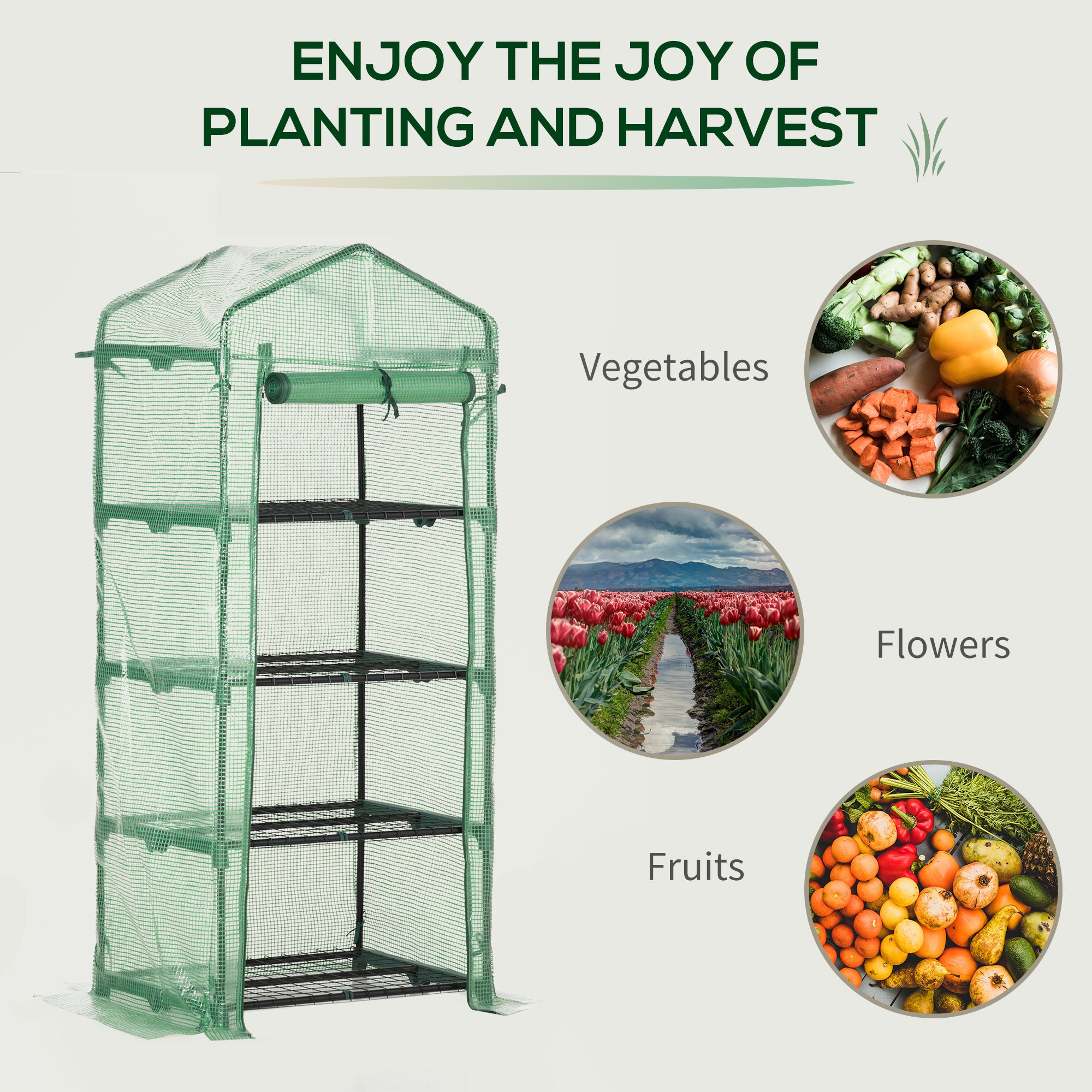 Outsunny 4 Tier Mini Greenhouse, Portable Compact Green House with Steel Frame, PE Cover, Roll-up Door, 70 x 50 x 160 cm, Green - North Peak Garden Furniture