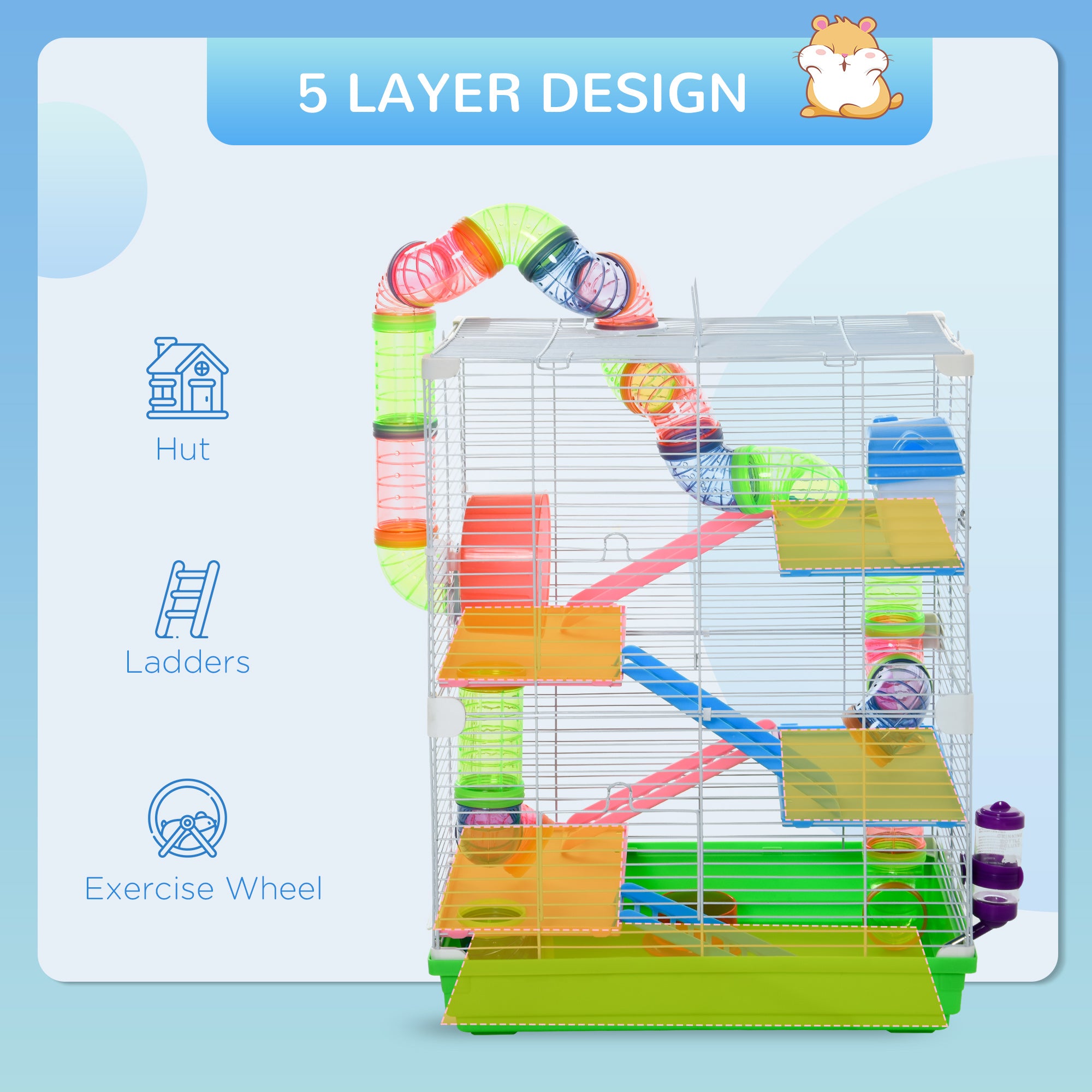 Pawhut 5 Tier Hamster Cage Carrier Habitat Small Animal House with Exercise Wheels Tunnel Tube Water Bottle Dishes House Ladder for Dwarf, Green - North Peak Garden Furniture