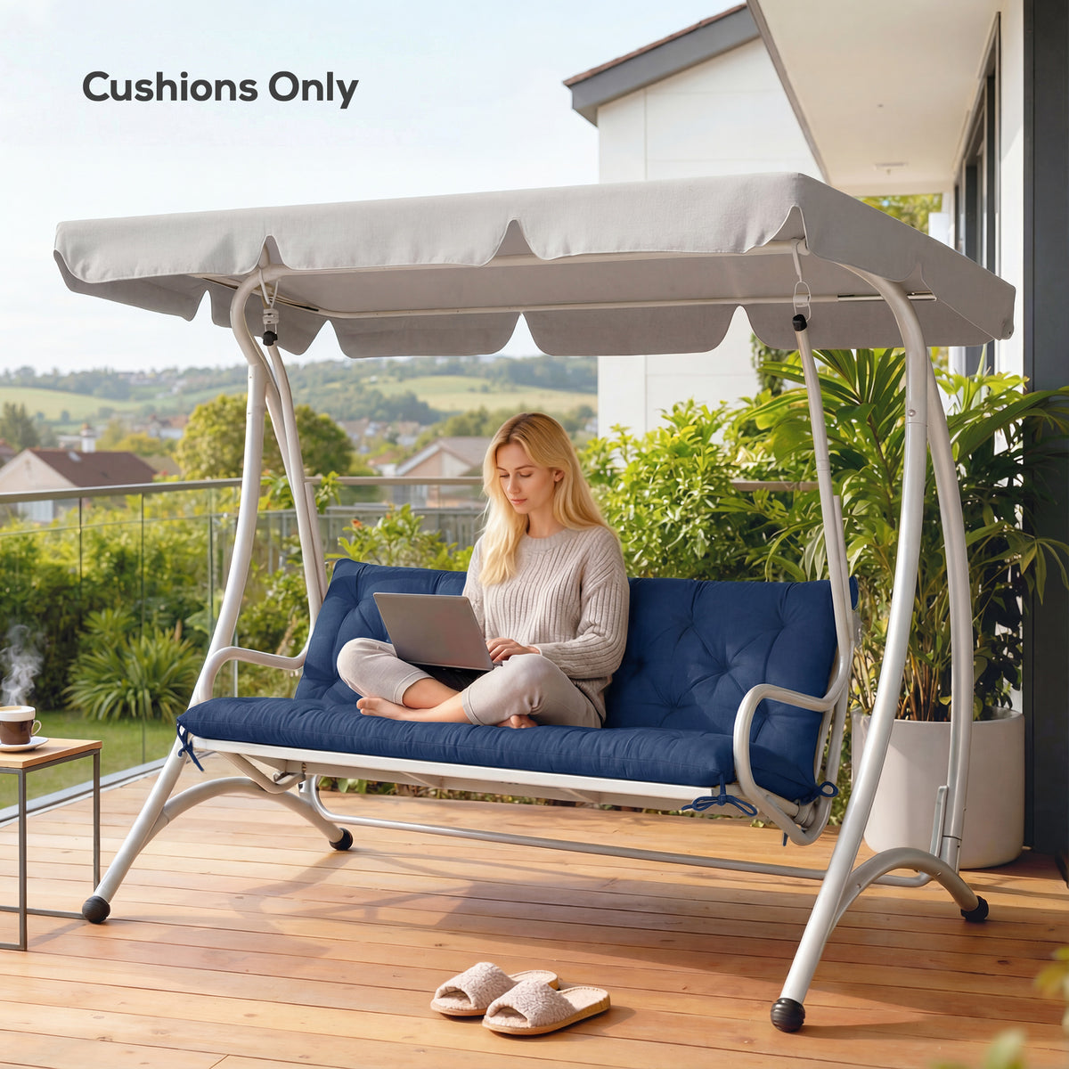 Outsunny 3 Seater Bench Cushion, Garden Chair Cushion with Back and Ties for Indoor and Outdoor Use, 98 x 150 cm, Dark Blue