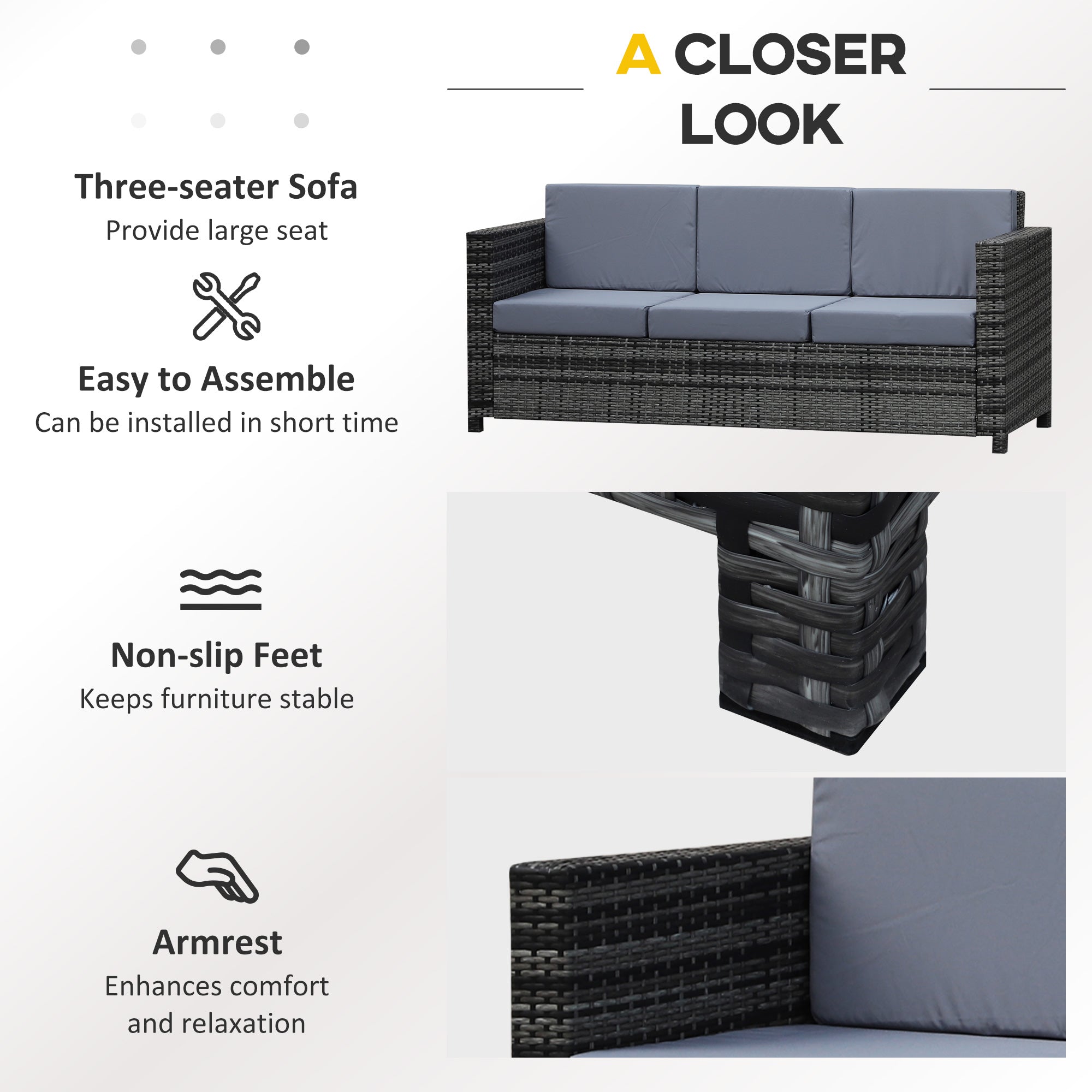 Outsunny 3 Seater All Weather Outdoor Sofa, Garden Rattan Sofa with Cushions and Mental Frame, Grey