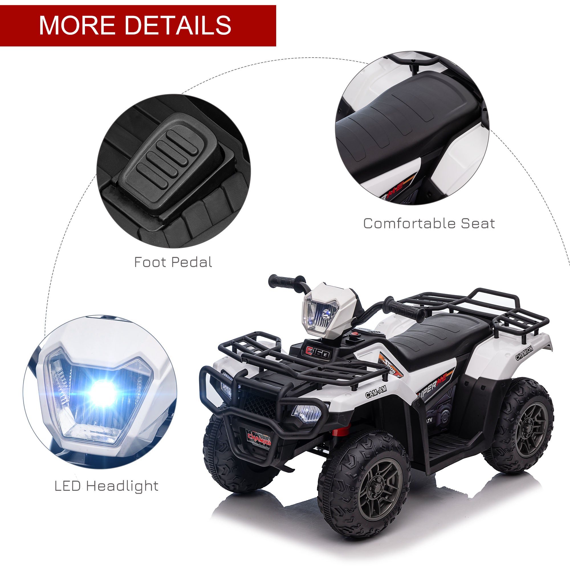 HOMCOM 12V Kids Quad Bike with Forward, Reverse Functions, Ride-On ATV w/ Music, LED, Headlights, for Ages 3-5 Years - White - North Peak Garden Furniture