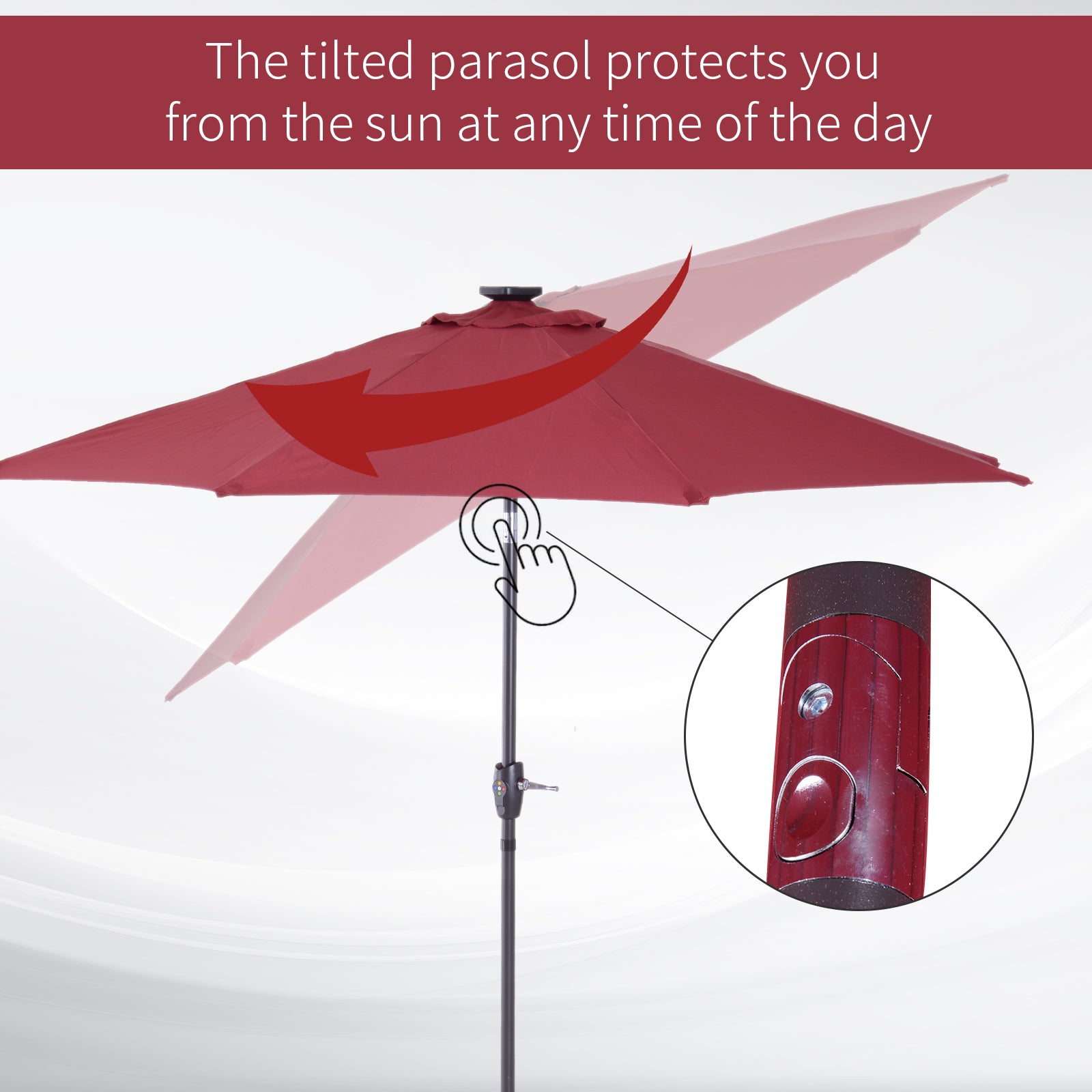 Outsunny Φ2.7m Garden 24 LED Light Parasol Solar Outdoor Tilt Sun Umbrella Patio Club Party Event Manual Sun Shade w/ Hand Crank and 8 Ribs, Red - North Peak Garden Furniture
