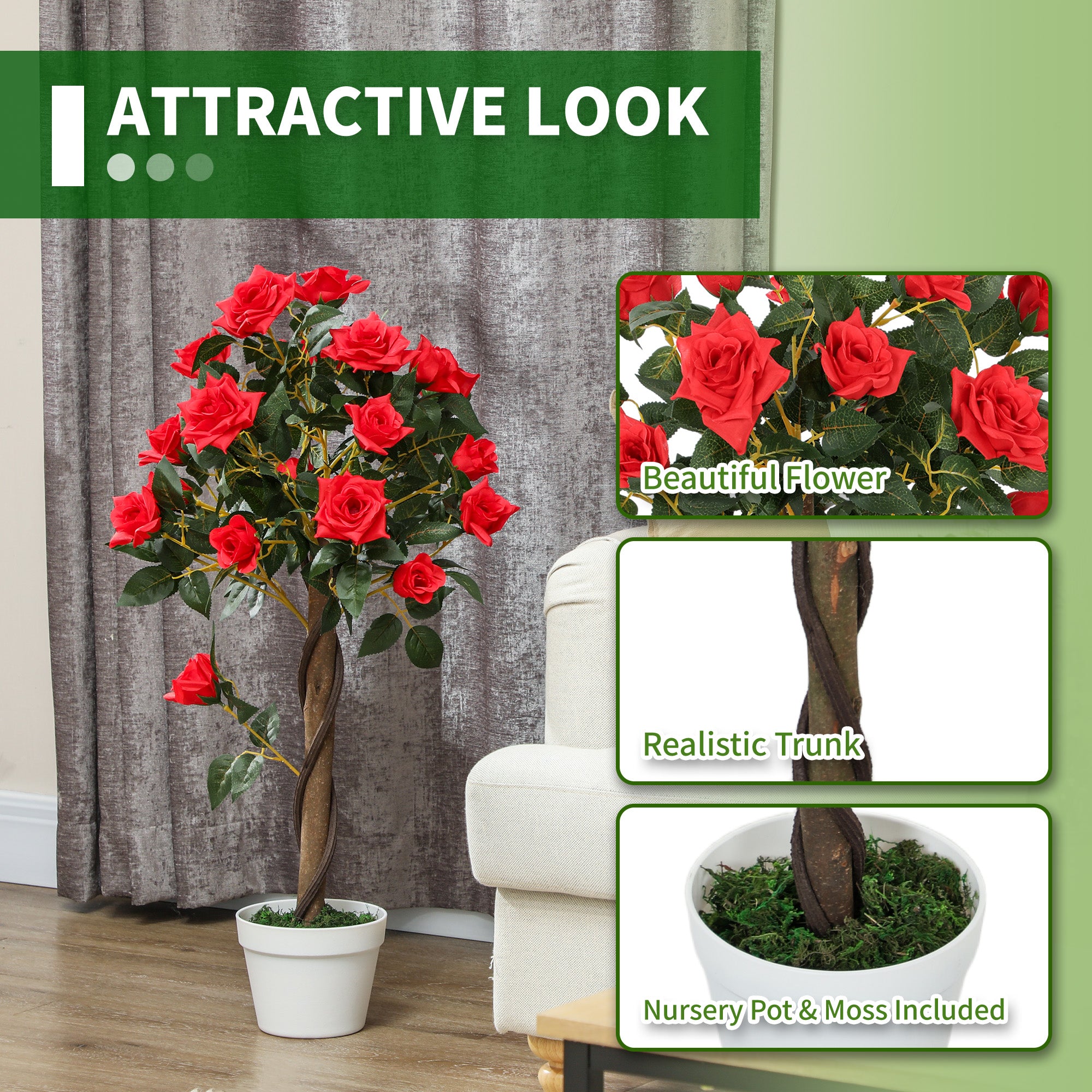 Outsunny Set of 2 Artificial Plants White Rose Floral in Pot, Fake Plants for Home Indoor Outdoor Decor, 90cm, Red