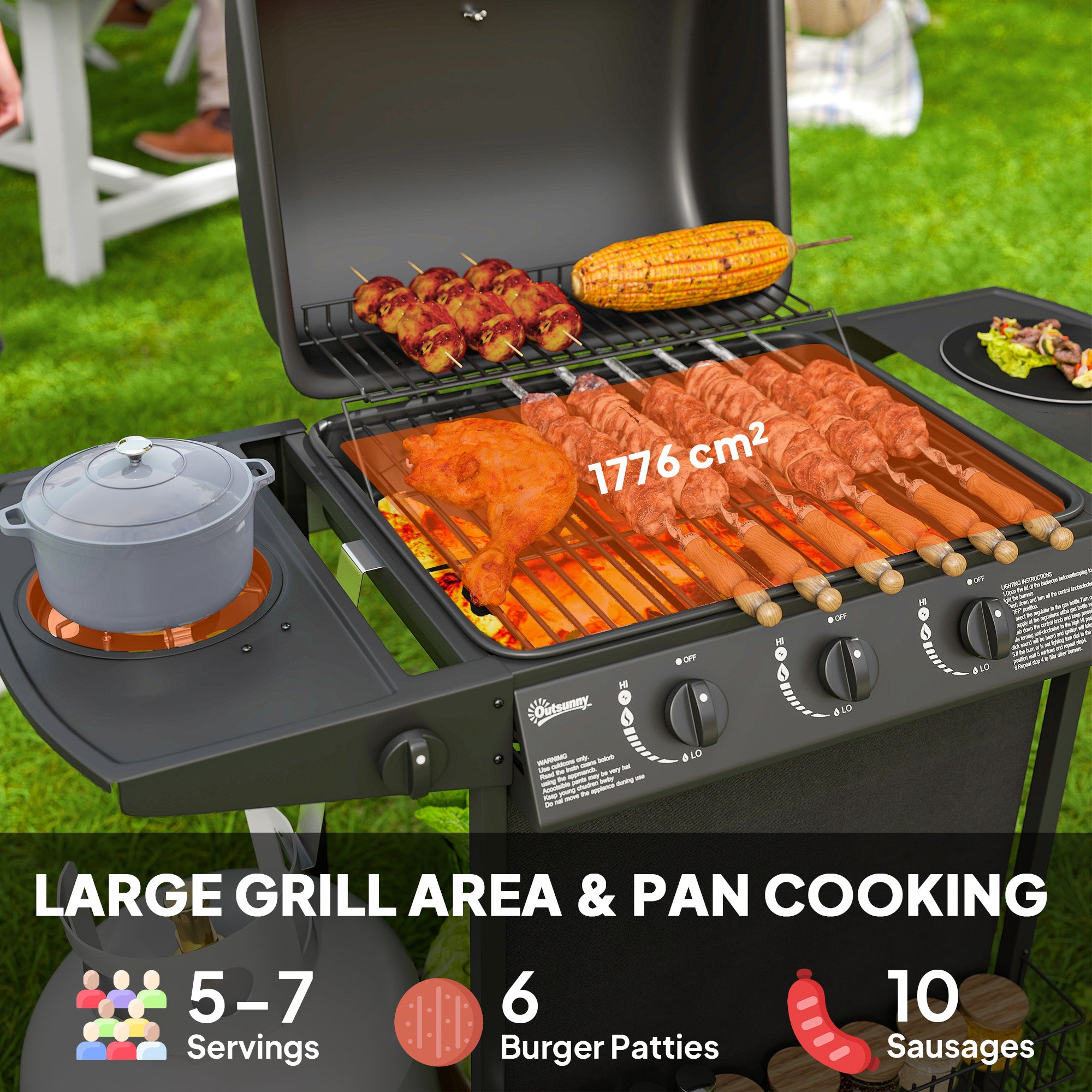 Outsunny 3+1 Burner Gas BBQ Grill, Portable Gas Barbecue Grill with Built-in Thermometer, Lid, Side Table, Shelf, Spice Rack, Wheels, Grease Cup for Garden Party Outdoor Cooking, Black - North Peak Garden Furniture