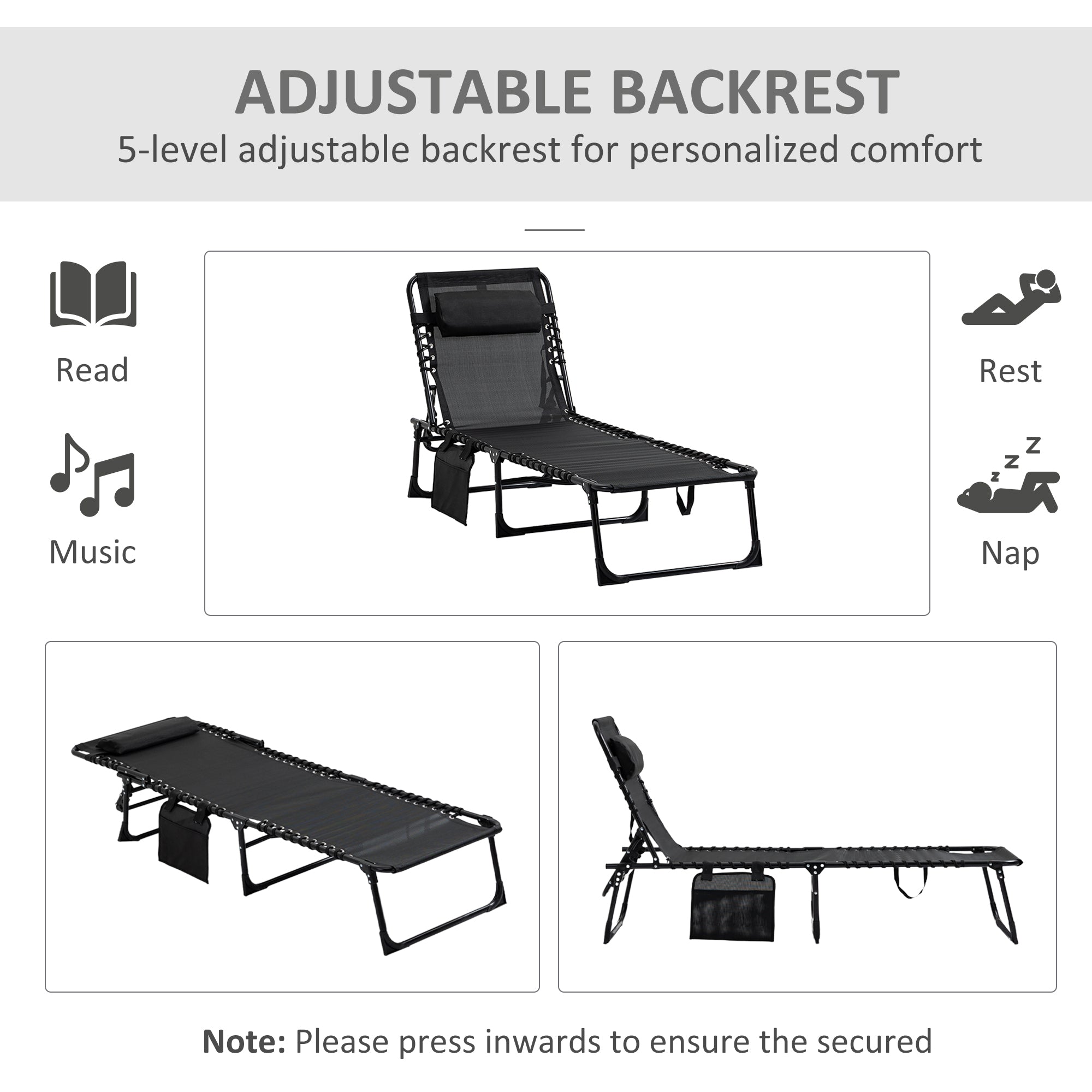 Outsunny Portable Sun Lounger Set of 2, Folding Camping Bed Cot, Reclining Lounge Chair 5-position Adjustable Backrest with Side Pocket, Pillow for Patio Garden Beach Pool, Black - North Peak Garden Furniture