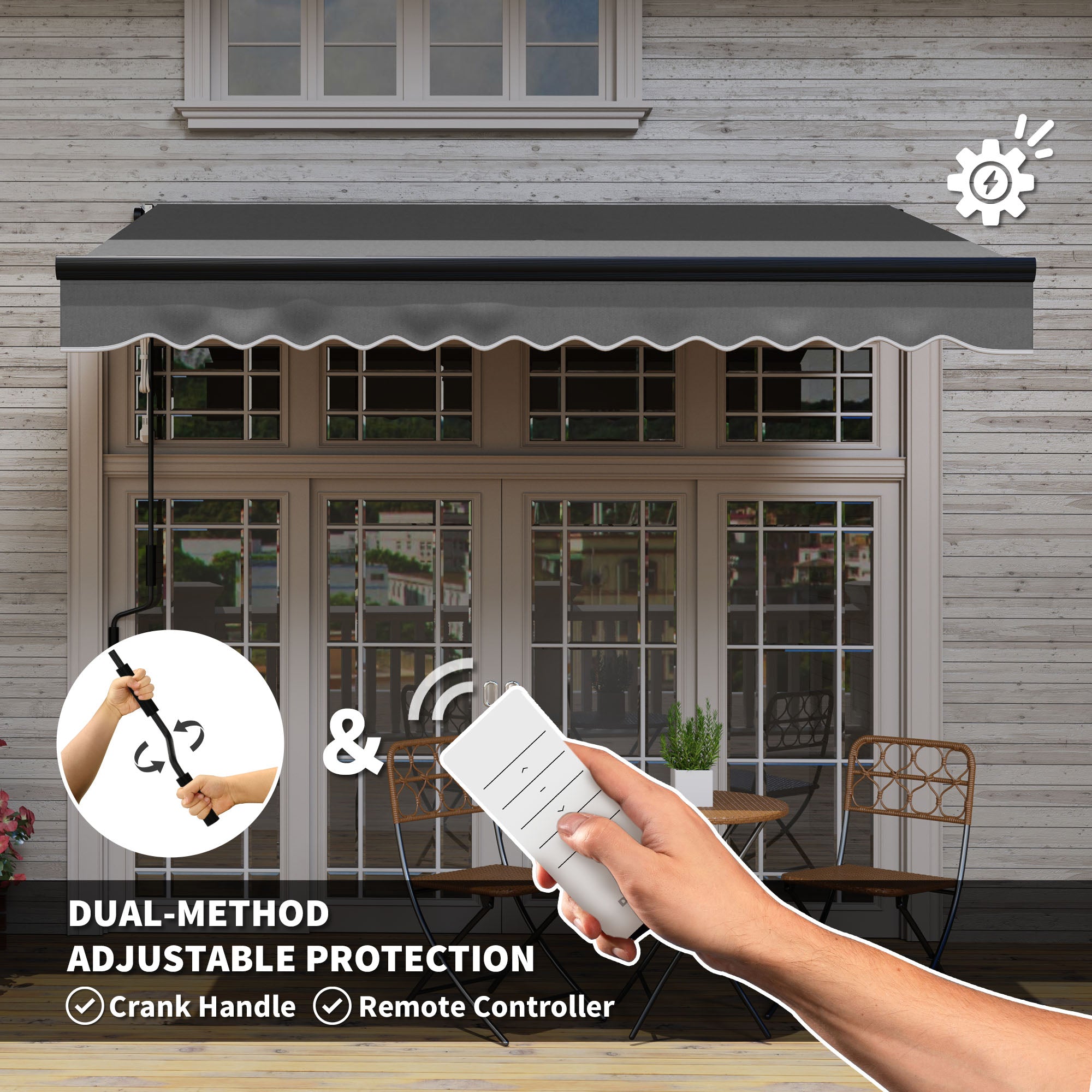 Outsunny 3 x 2.5m Electric Awning with LED Light and Remote Controller, Aluminium Frame DIY Retractable Awning, UV50+ Sun Shade Canopy for Garden Patio Deck Door Window, Dark Grey - North Peak Garden Furniture