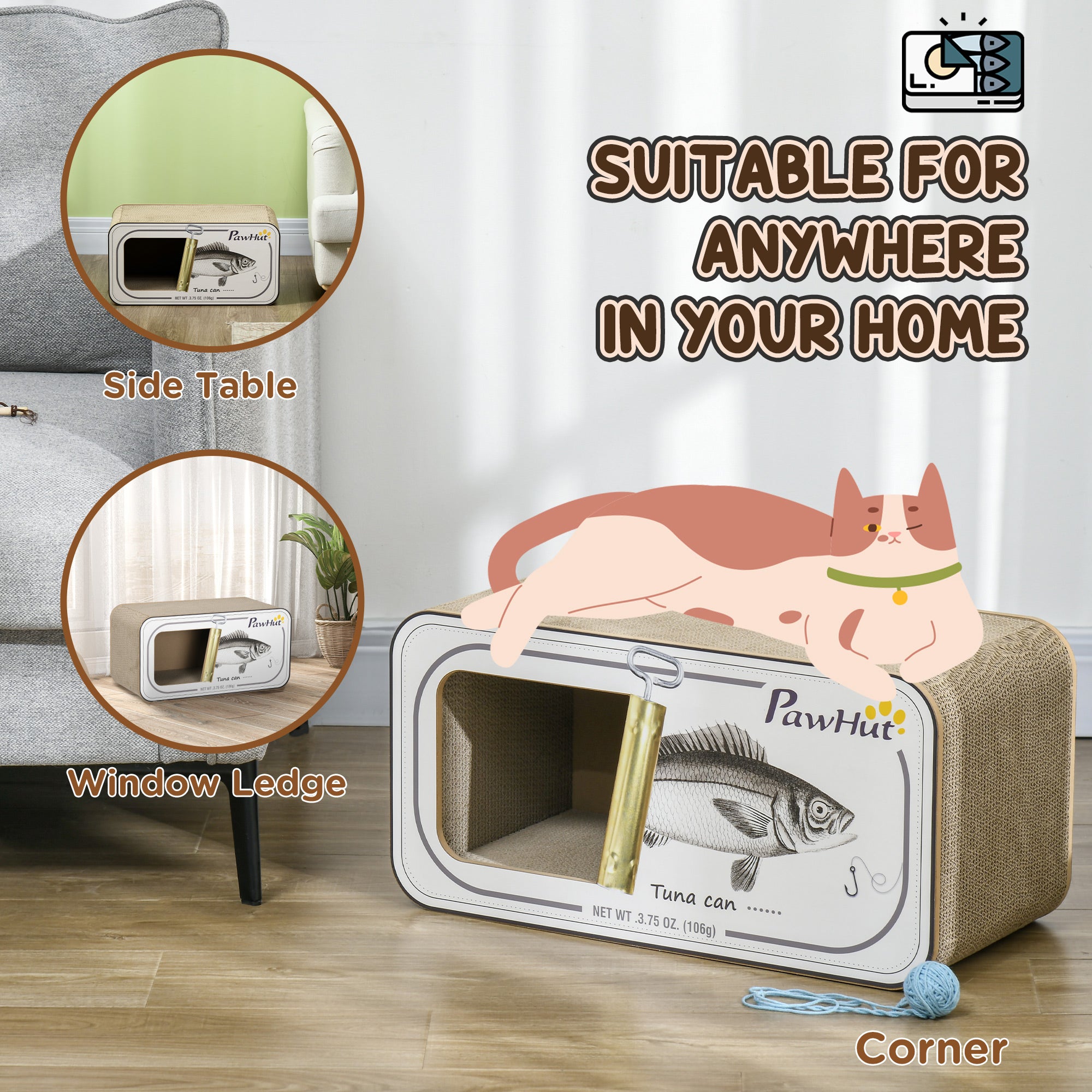 PawHut 2 in 1 Cat Scratching Board, Cardboard Cat House with Catnip, Canned Tuna Design - North Peak Garden Furniture