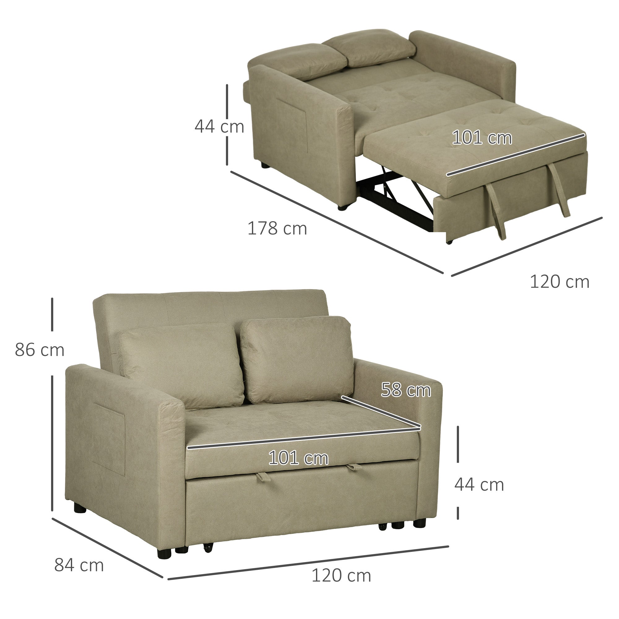 HOMCOM Loveseat Sofa Bed, Convertible Bed Settee with 2 Cushions, Side Pockets for Living Room, Light Brown - North Peak Garden Furniture