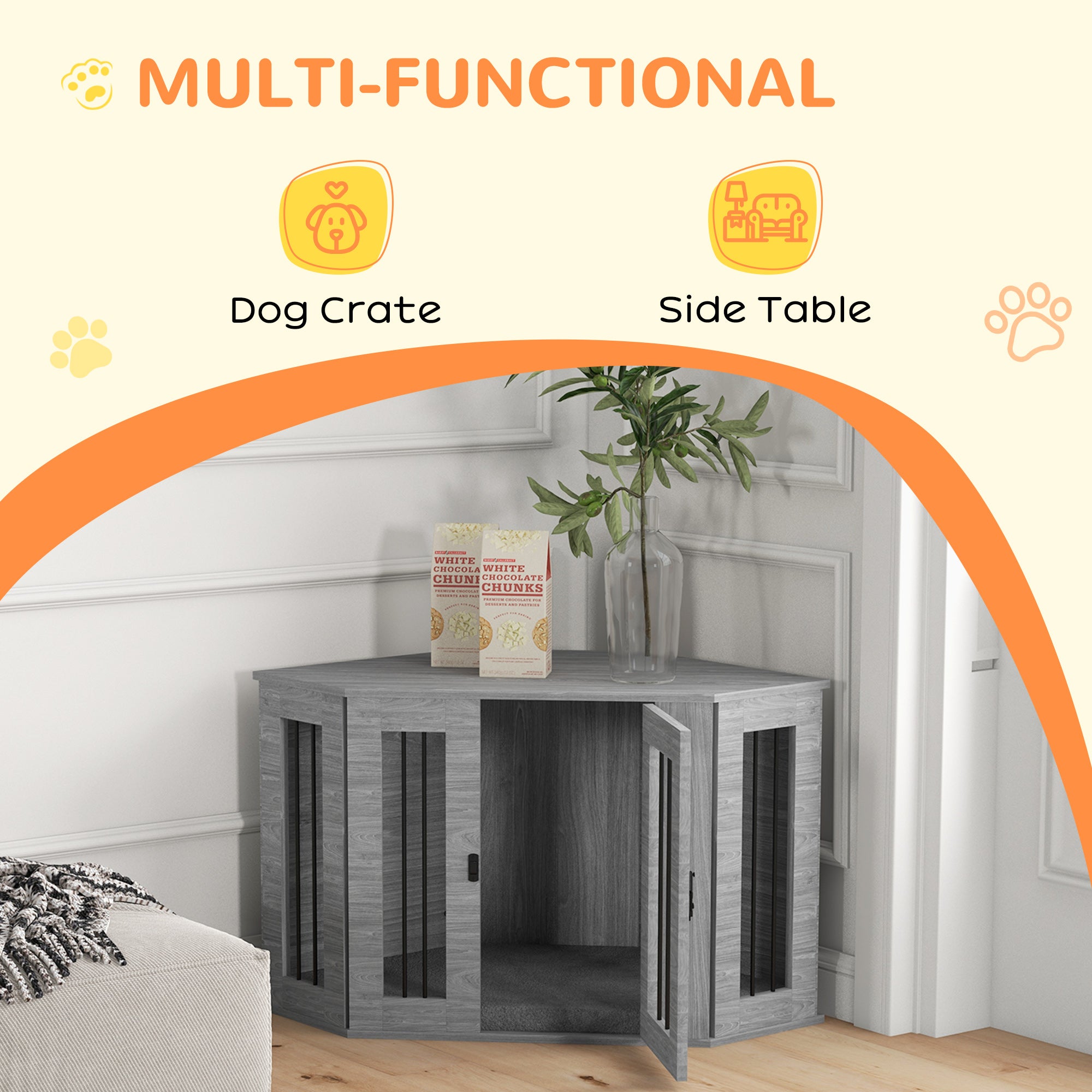 PawHut 2 in 1 Dog Crate Furniture Side Table, with Cushion, 104 x 55 x 63cm - Grey - North Peak Garden Furniture