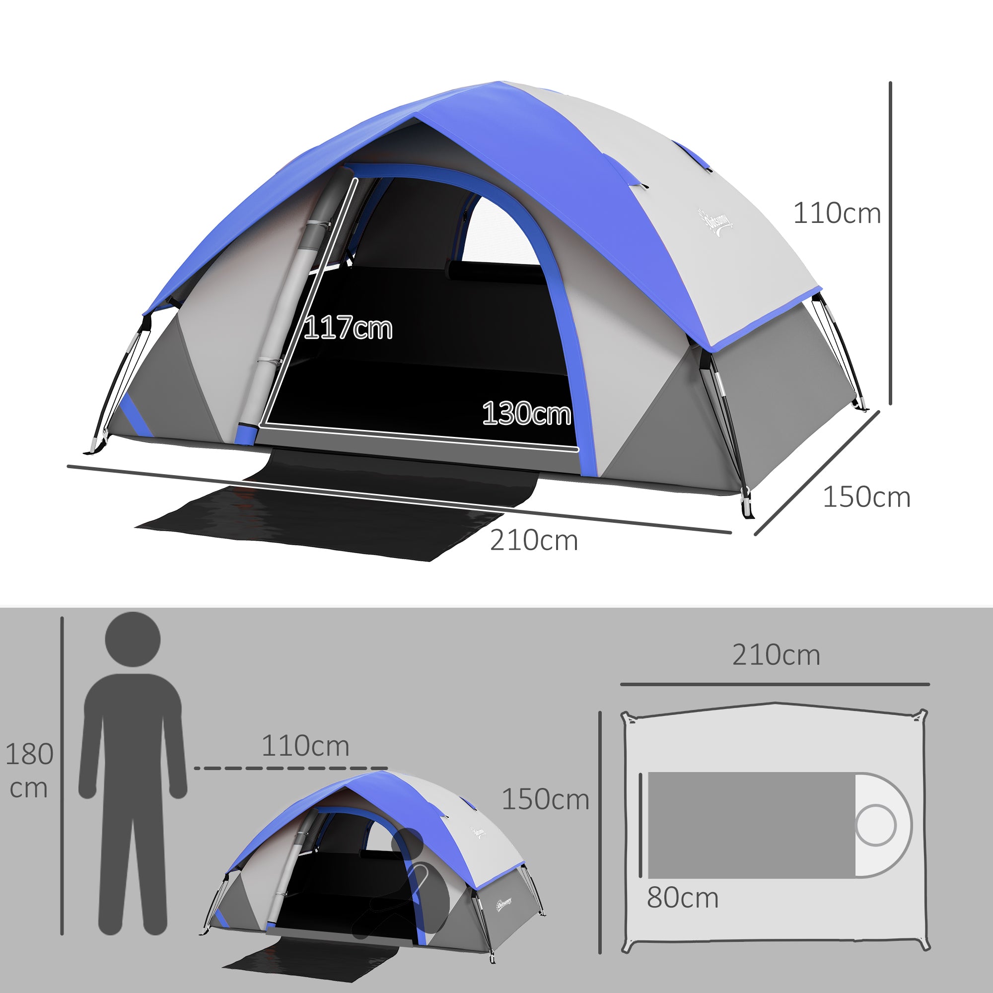Outsunny Two Man Single Room Dome Tent, with Accessories - Dark Blue/Grey - North Peak Garden Furniture