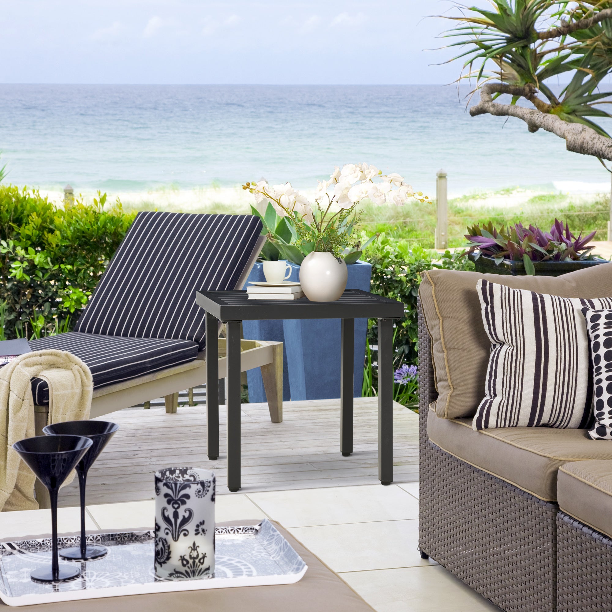 Outsunny Garden Side Table End Table Patio Coffee Table with Umbrella Hole, Steel Frame for Balcony, Black - North Peak Garden Furniture