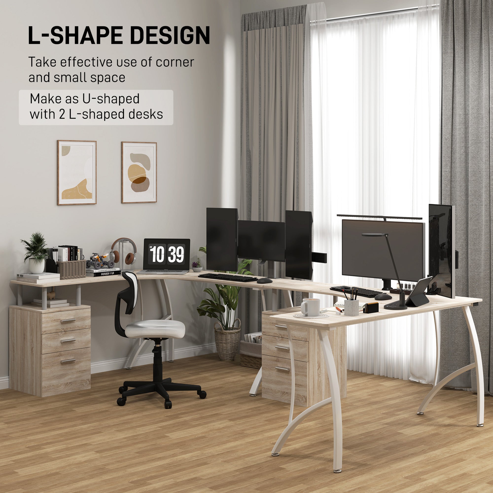 HOMCOM L-Shaped Computer Desk Table with Storage Drawer, Home Office Desk Corner Industrial Style Workstation for A4 Files 143.5 x 143.5 x 76cm, Oak - North Peak Garden Furniture