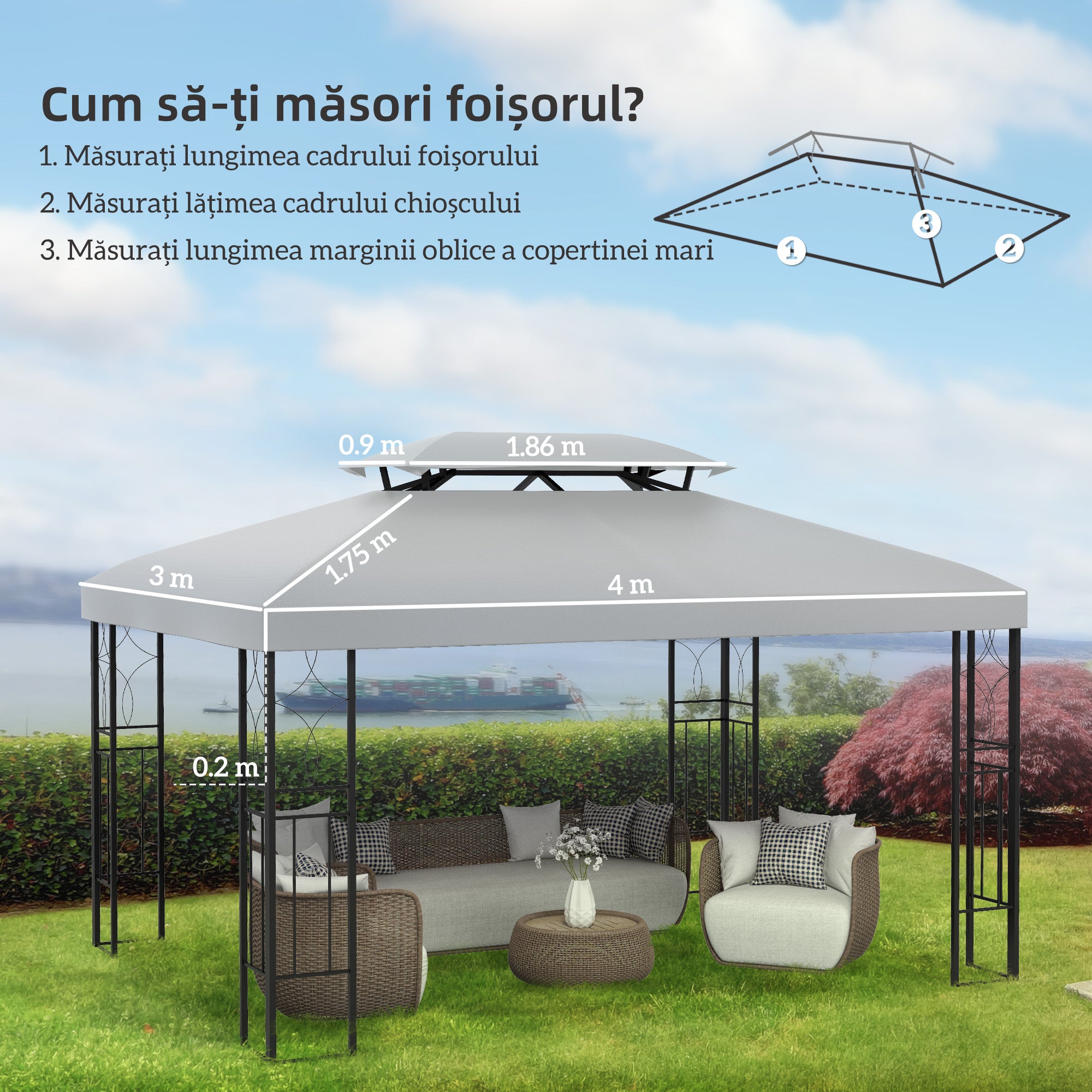 Outsunny 3x4m Gazebo Canopy Replacement Cover, 2 Tier Top Roof UV Cover Garden Patio Outdoor Sun Awning Shelters, Light Grey (TOP COVER ONLY) - North Peak Garden Furniture