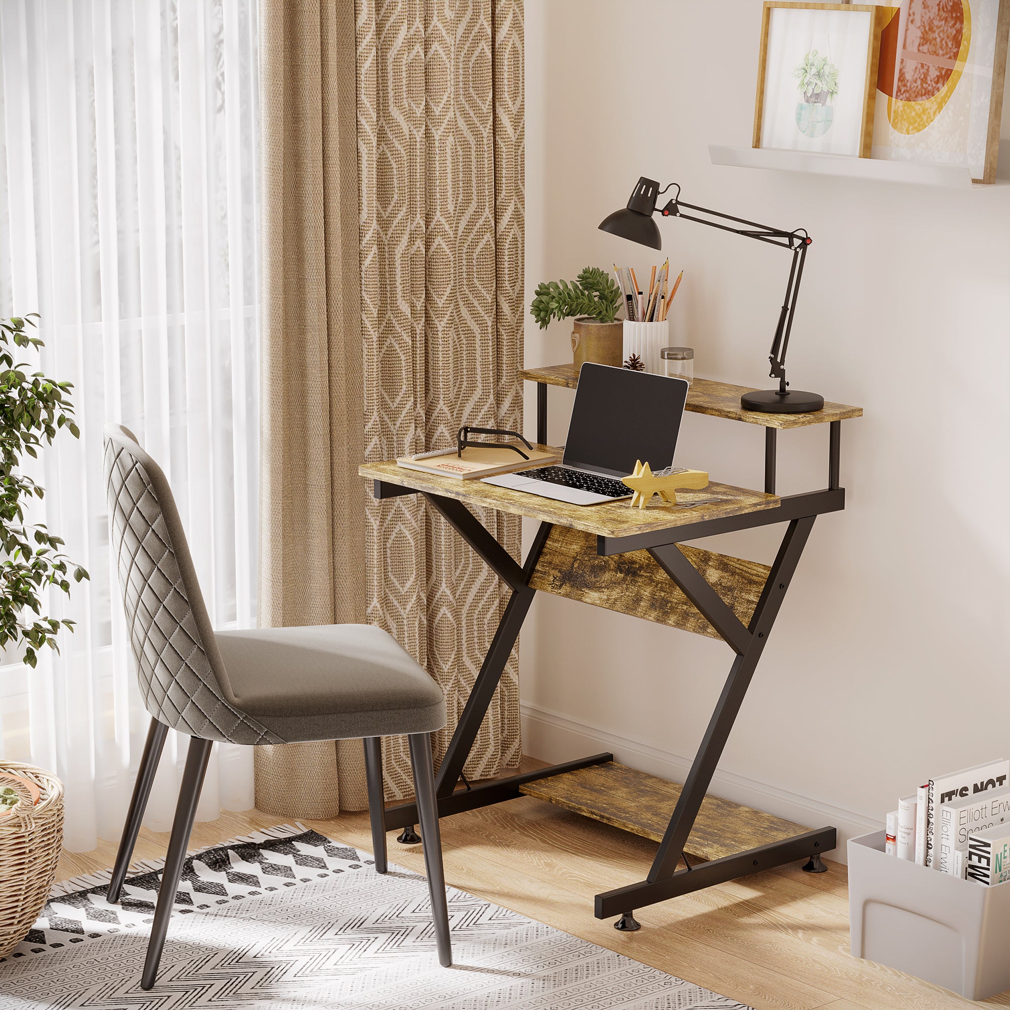 HOMCOM Industrial Computer Desk with Monitor Stand, 70 x 60cm Compact Desk for Small Spaces, Home Office Desk, Rustic Brown - North Peak Garden Furniture