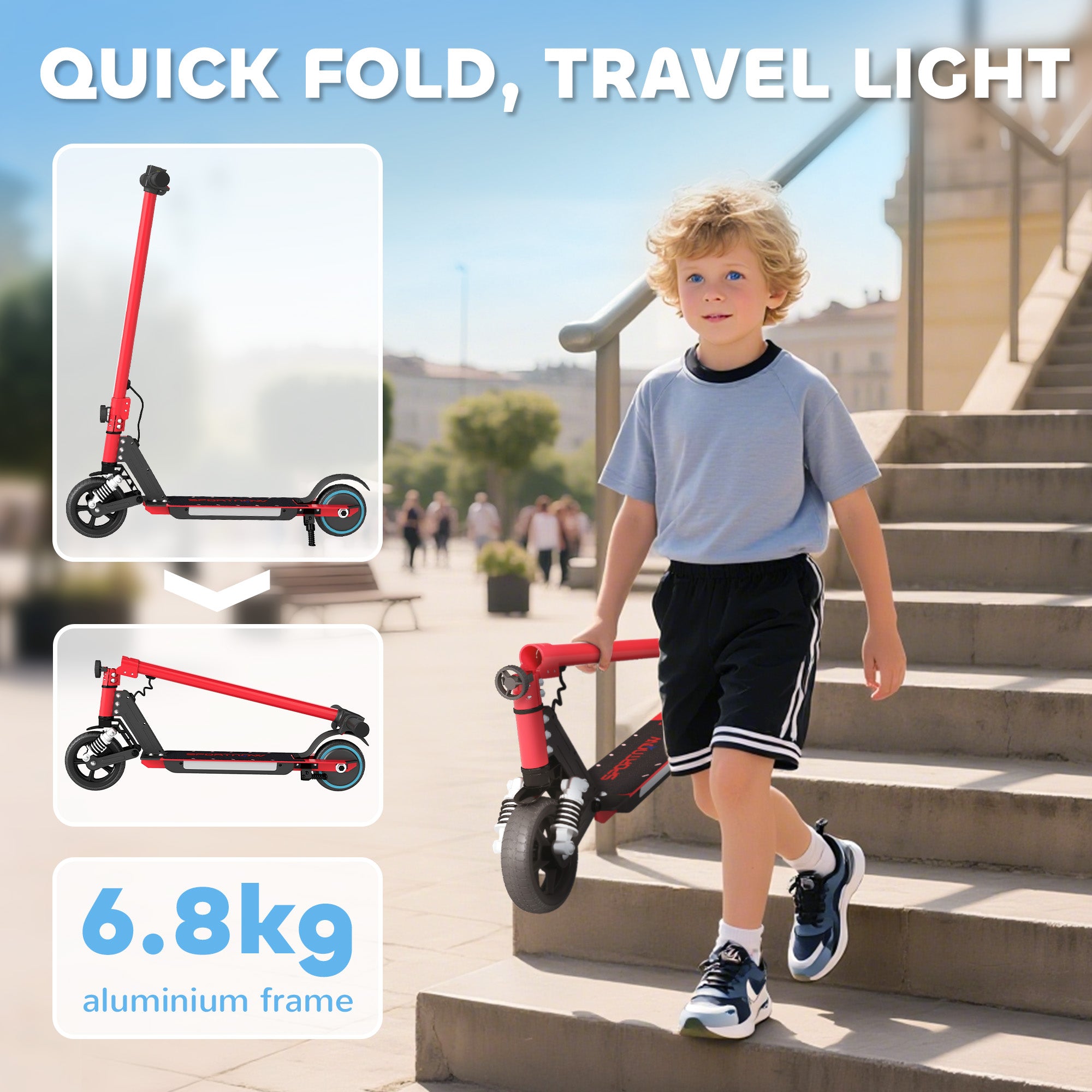 SPORTNOW Folding Electric Scooter for Kids Age 6-14 with Dual Brakes, Front Suspension, LED Colourful Lights and Display, 6.8kg Lightweight Aluminium E Scooter, Up to 14 KM/H & 6 KM, Red