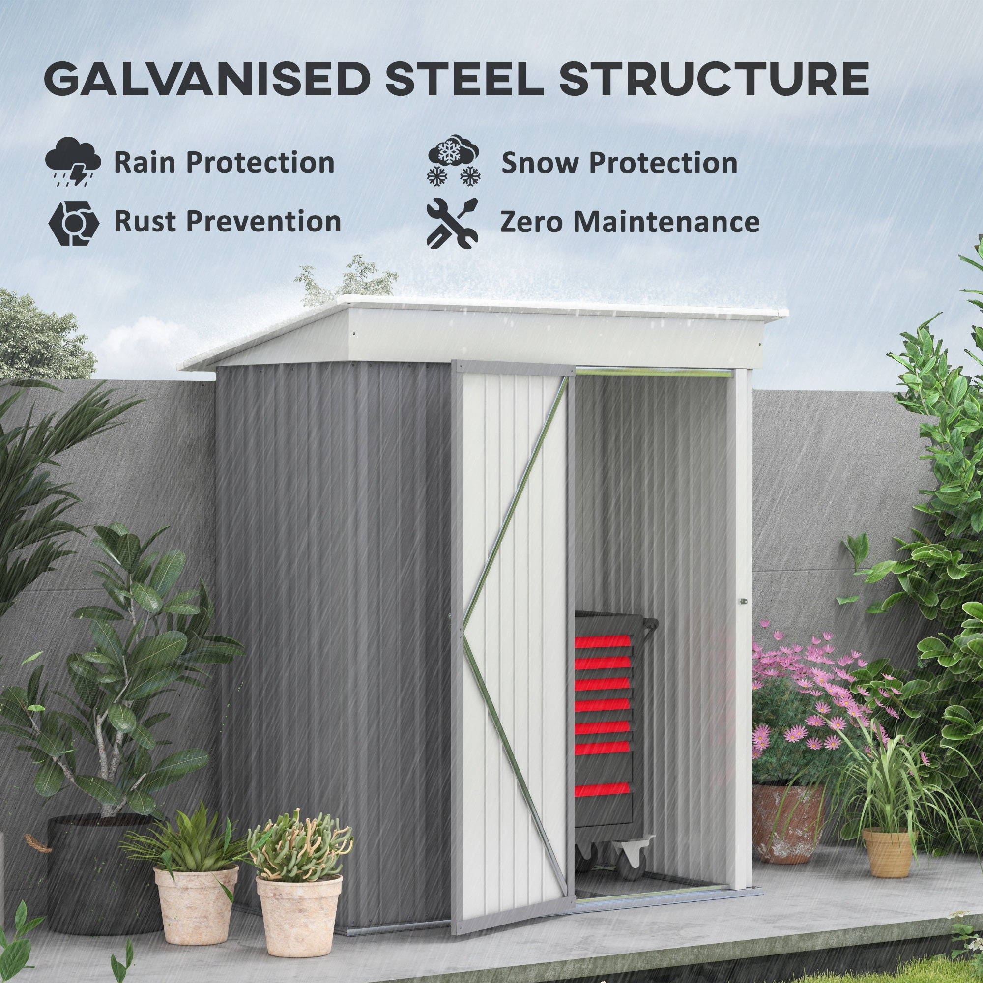 Outsunny Metal Garden Shed, Outdoor Lean-to Shed for Tool Motor Bike, with Adjustable Shelf, Lock, Gloves, 5'x3'x6', Grey - North Peak Garden Furniture