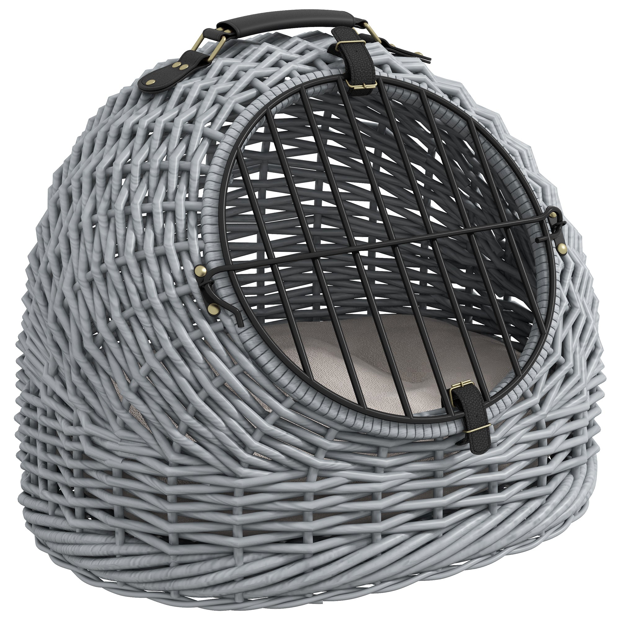 PawHut Wicker Pet Carrier Basket Cat Kitten Bed Portable Travel Cage w/ Soft Cushion Handle Grey 50 x 40 x 40 cm - North Peak Garden Furniture