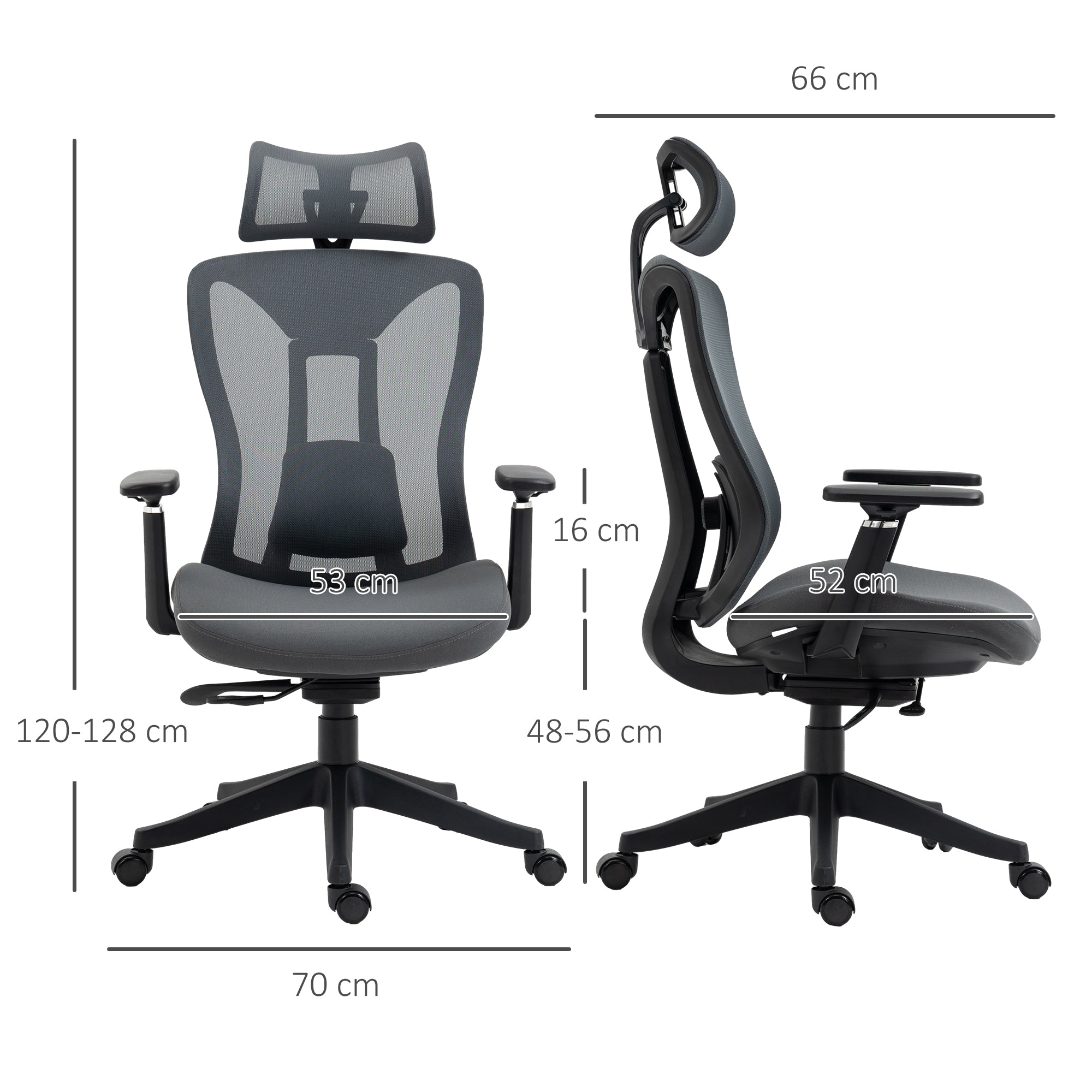 Vinsetto Mesh Office Chair, Ergonomic Desk Chair, Computer Chair with Adjustable Headrest and Lumbar Support, 135° Reclining Back and 3D Armrest for Home Office Study, Grey - North Peak Garden Furniture
