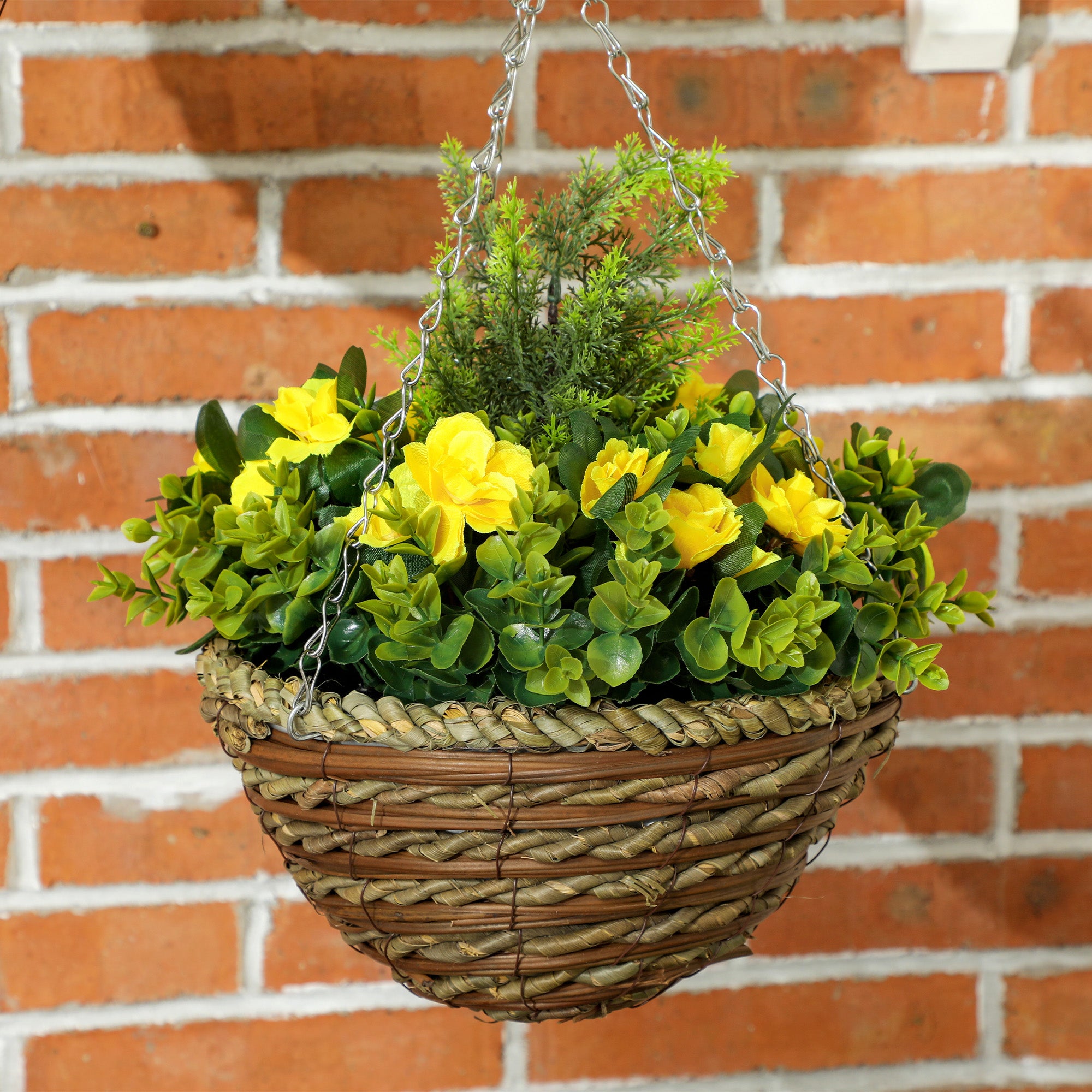 Outsunny Pack of 2 Faux Plant Artificial Lisianthus Flowers Hanging Planter with Basket for Indoor Outdoor Decoration, Yellow - North Peak Garden Furniture