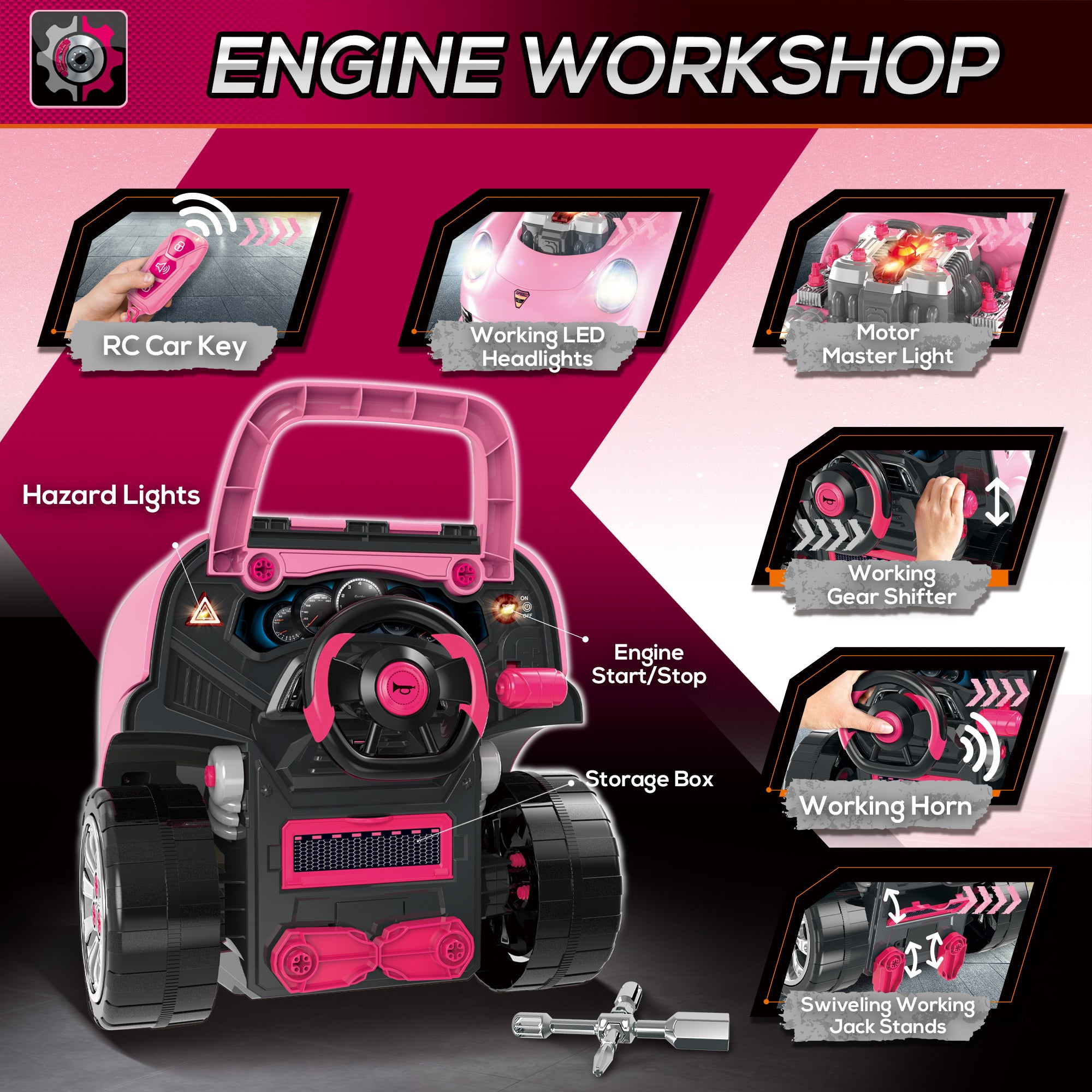 HOMCOM Kids Truck Engine Toy Set, with Horn, Light, Car Key, for Ages 3-5 Years - Pink - North Peak Garden Furniture