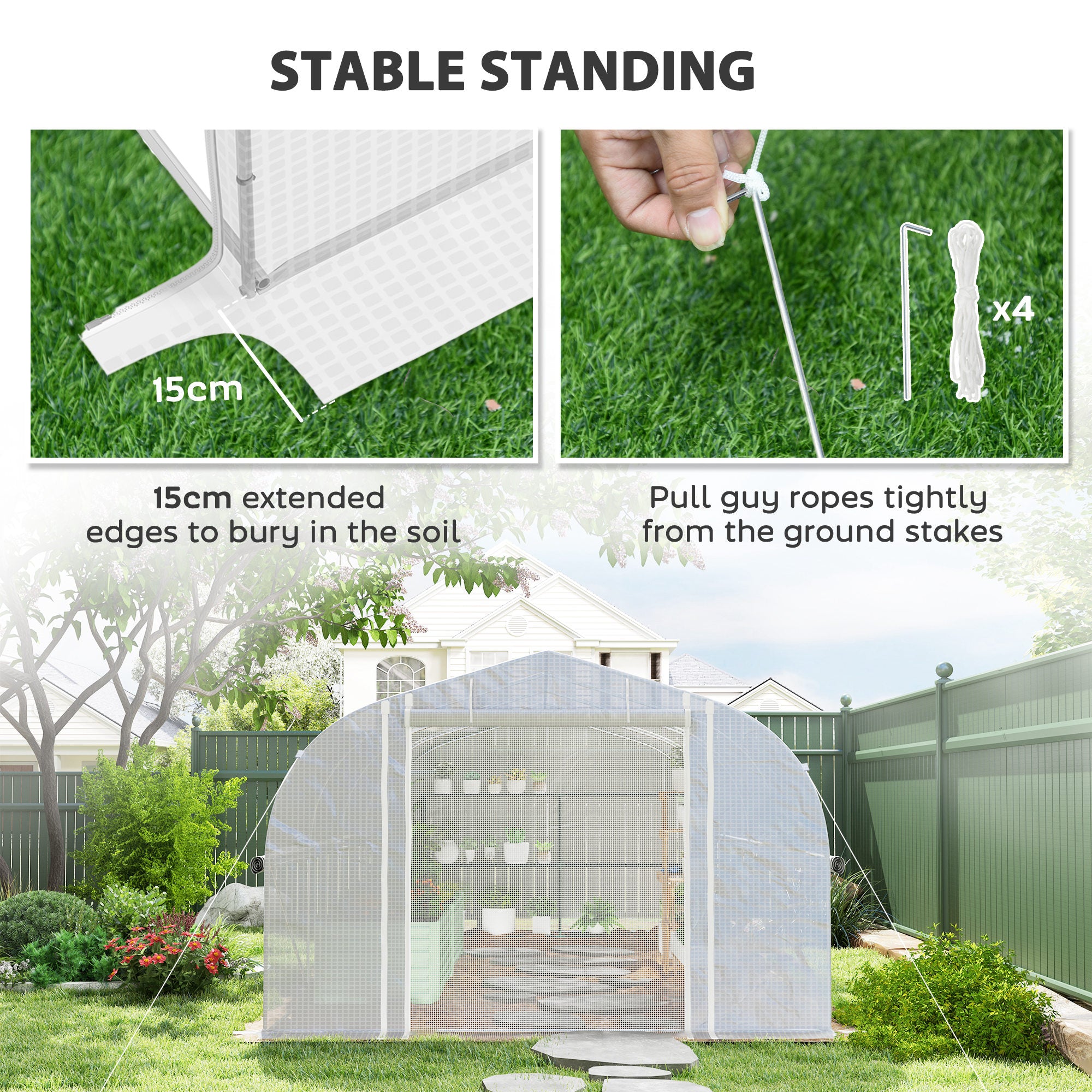 Outsunny 6 x 3 x 2m Walk-in Polytunnel Greenhouse, Zipped Roll Up Sidewalls, Mesh Door, 8 Mesh Windows, Tunnel Warm House Tent with PE Cover, Complimentary Plant Labels and Gloves, White - North Peak Garden Furniture
