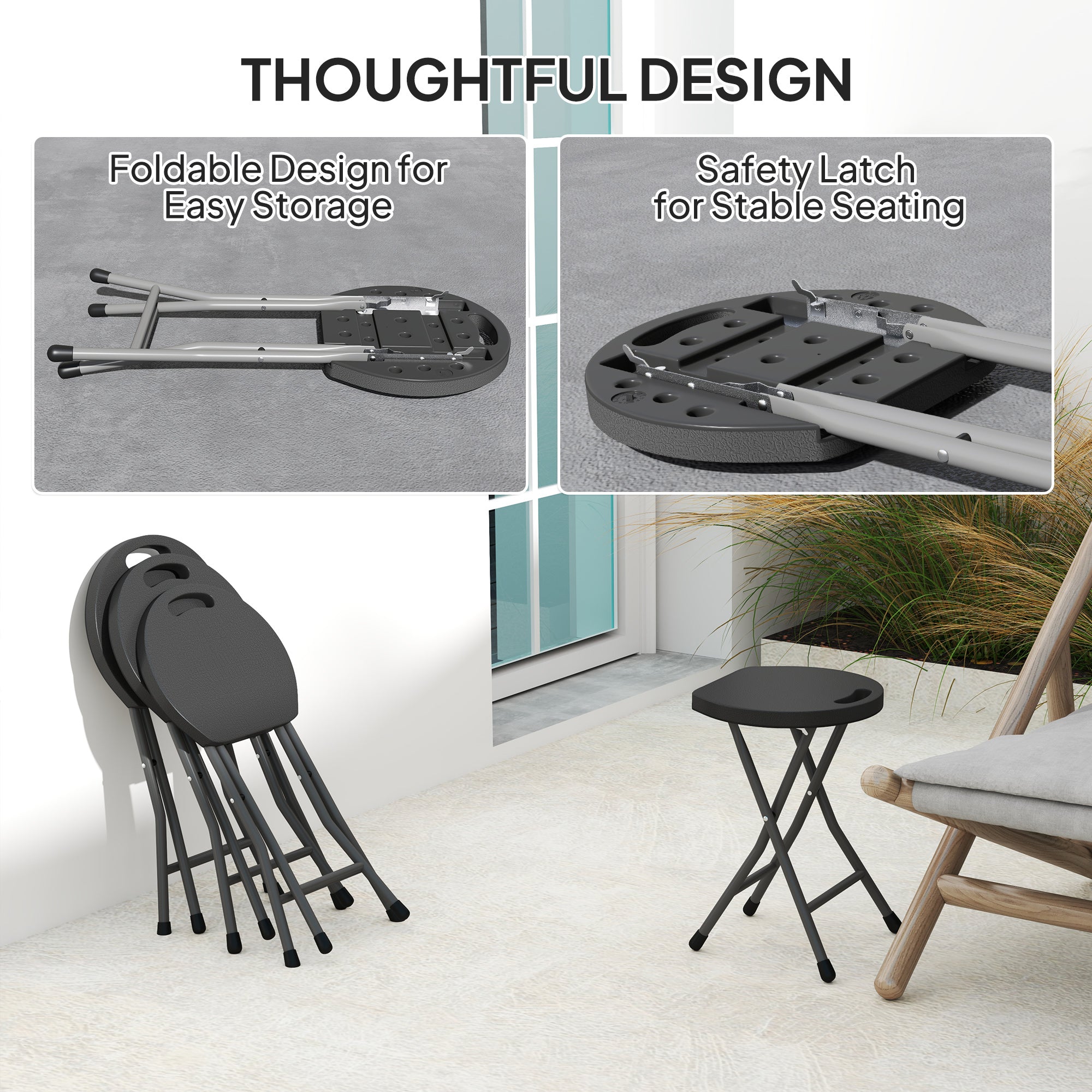Outsunny Folding Stool Set of 4, Decorative Garden Stool Set with Safety Latch, Foldable Garden Stools with Powder-Coated Steel Legs HDPE Seat and Handle for Indoor and Outdoor, Charcoal Grey - North Peak Garden Furniture