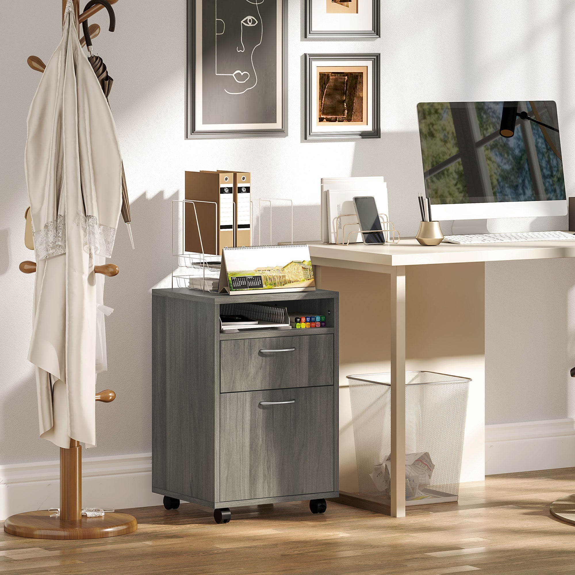 HOMCOM 60cm Filing Cabinet with Drawer, Open Shelf, Metal Handles and 4 Wheels, Office Home Organiser Mobile Printer, Grey - North Peak Garden Furniture