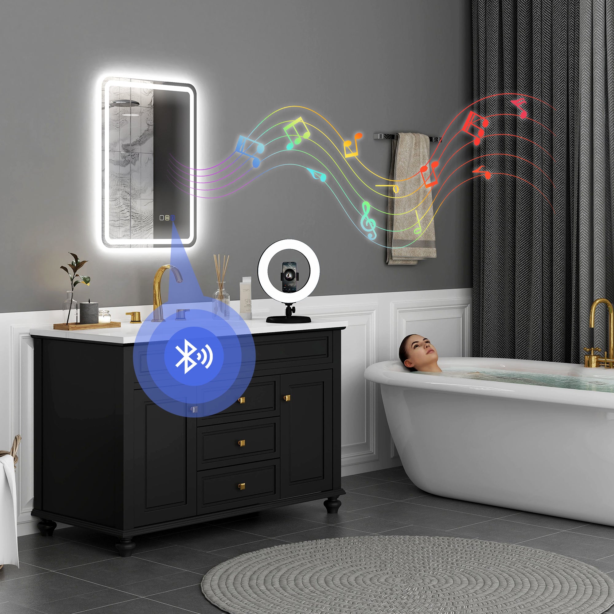 HOMCOM 50 x 70 cm Bluetooth LED Bathroom Mirror with Anti-Fog - Silver Tone - North Peak Garden Furniture