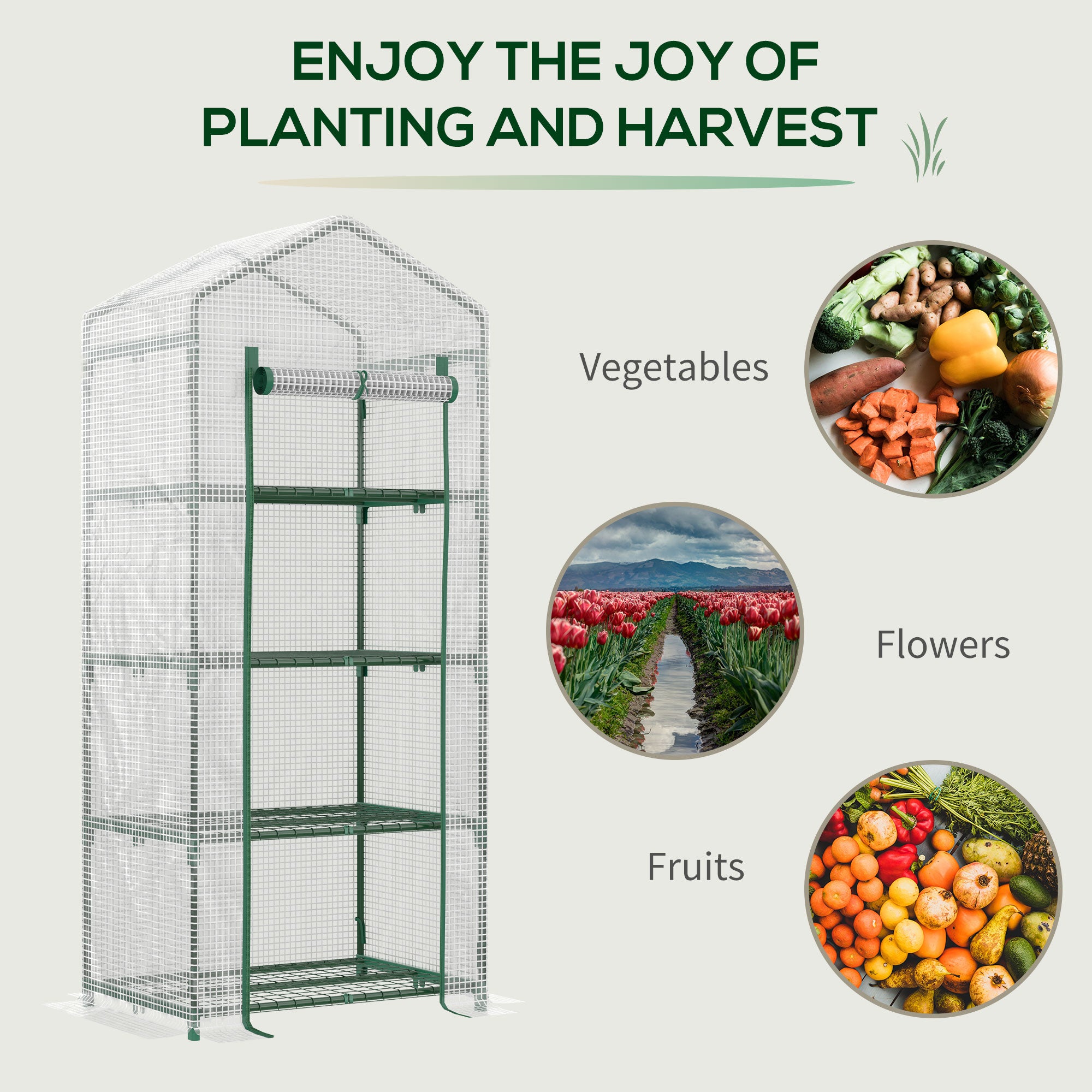Outsunny 4 Tier Mini Greenhouse, Portable Compact Green House with Steel Frame, PE Cover, Roll-up Door, 70 x 50 x 160 cm, White - North Peak Garden Furniture