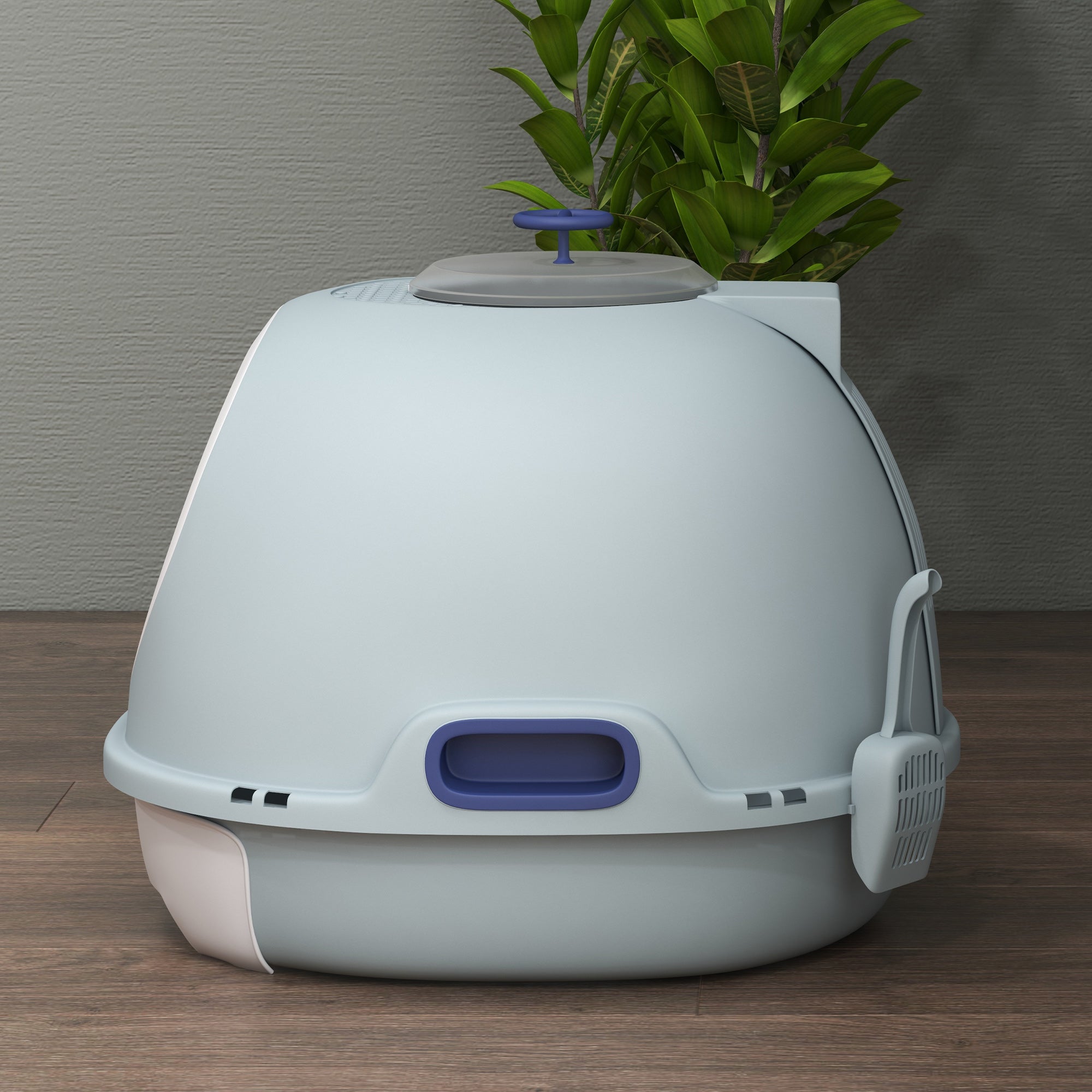 PawHut Cat Litter Box Toilet with Litter Scoop Enclosed Drawer, Front Entry Top Exit, Easy To Clean Blue - North Peak Garden Furniture