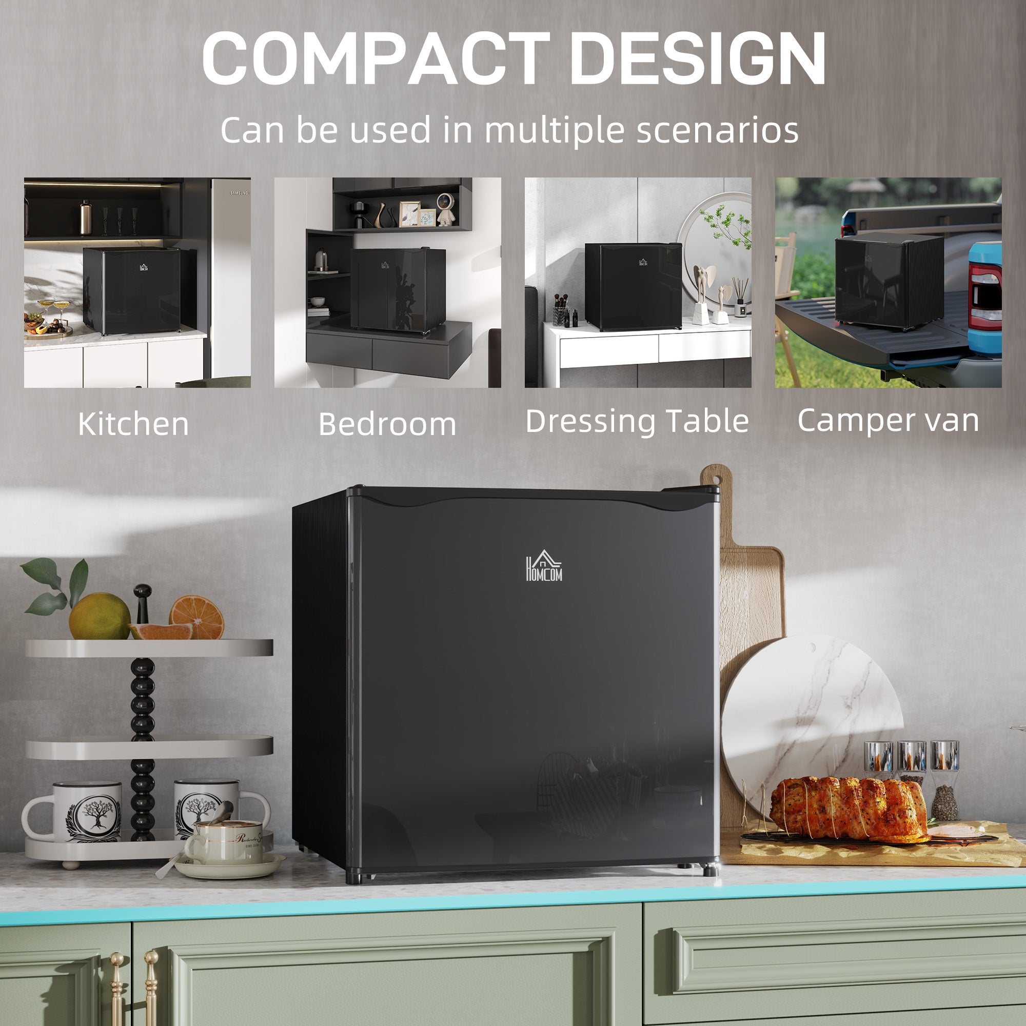 HOMCOM 46 Litre Table Top Mini Fridge, Small Fridge with Ice Box, Reversible Door, Adjustable Temperature and Legs, Mini Fridge for Bedrooms, Home Office, Black - North Peak Garden Furniture