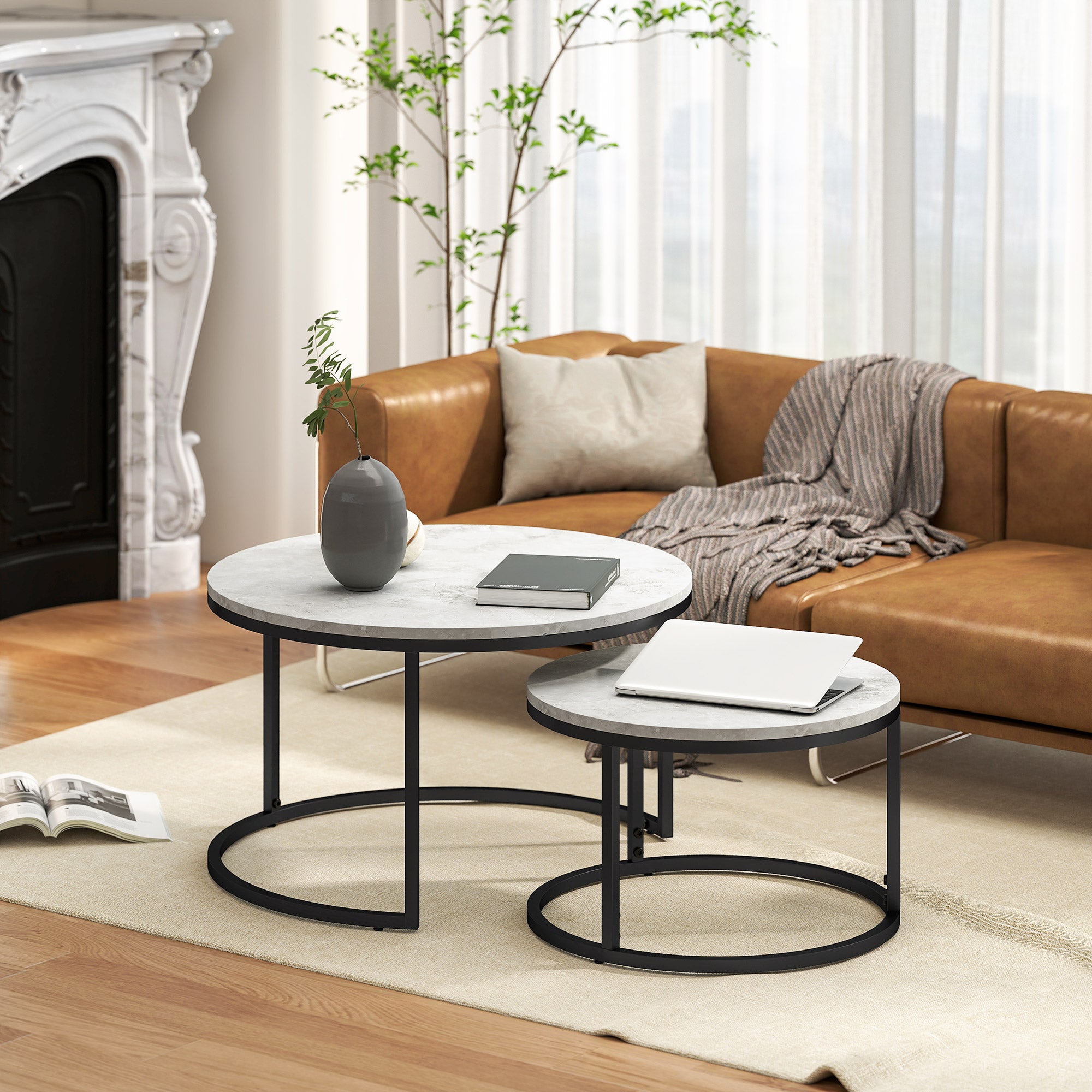 HOMCOM Set of Two Marble-Effect Stacking Tables - Wood Grey - North Peak Garden Furniture