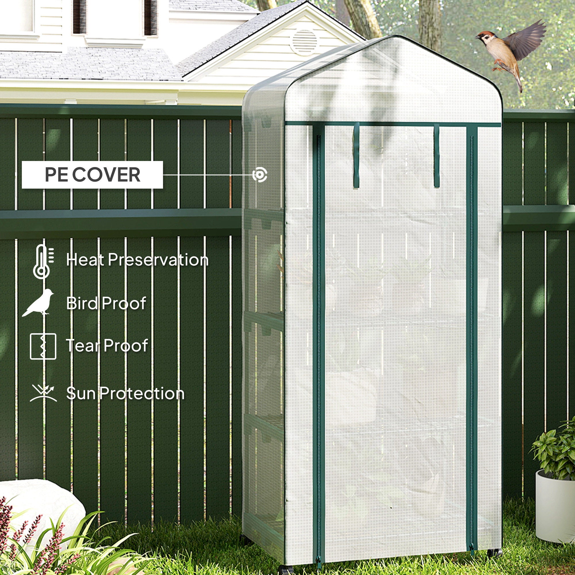 Outsunny 4 Tier Mini Portable Greenhouse Compact Plant Grow Shed Metal Frame PE Cover with Lockable Rolling Wheels, White